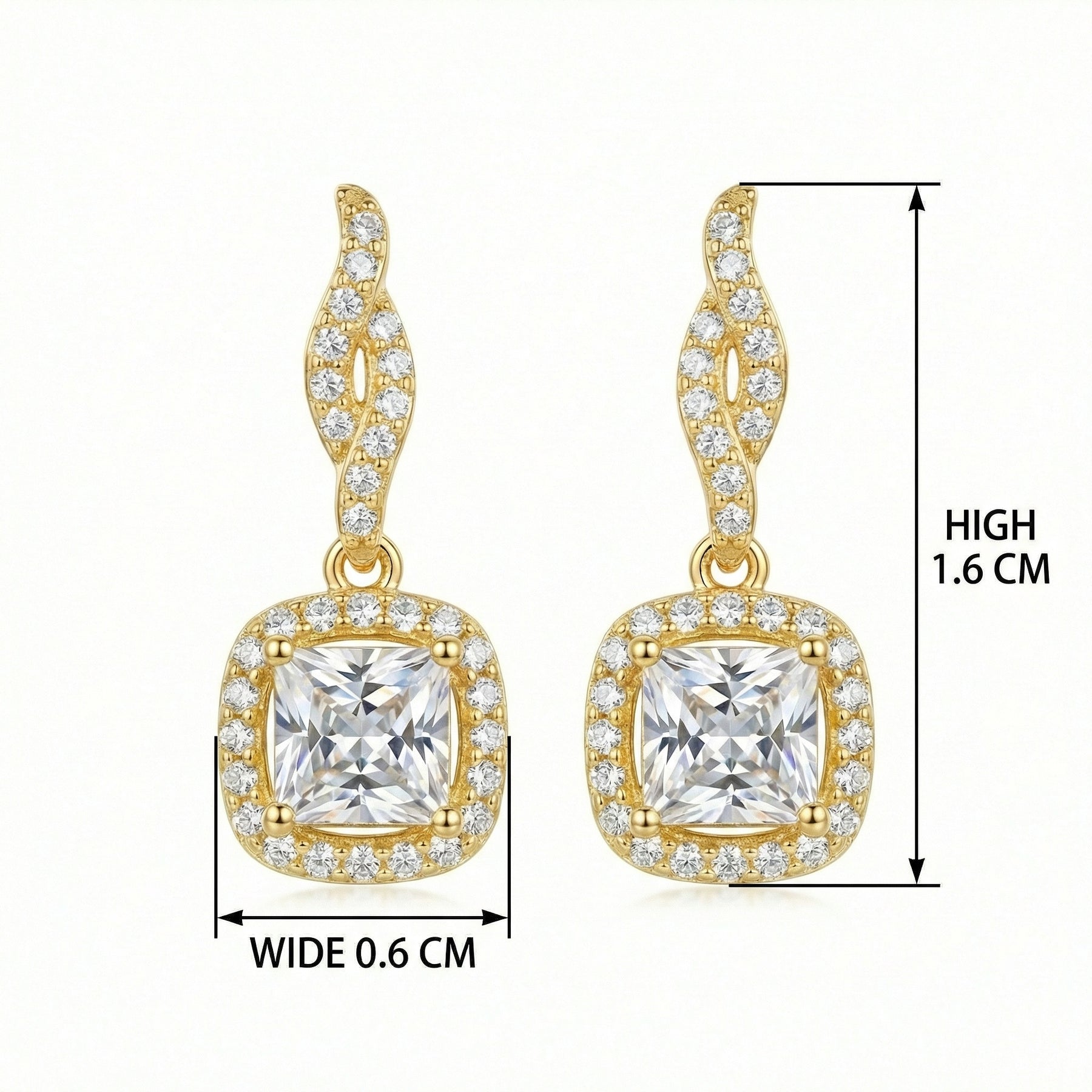 Princess-Cut Halo Drop Earrings – sterling silver earrings, close-up