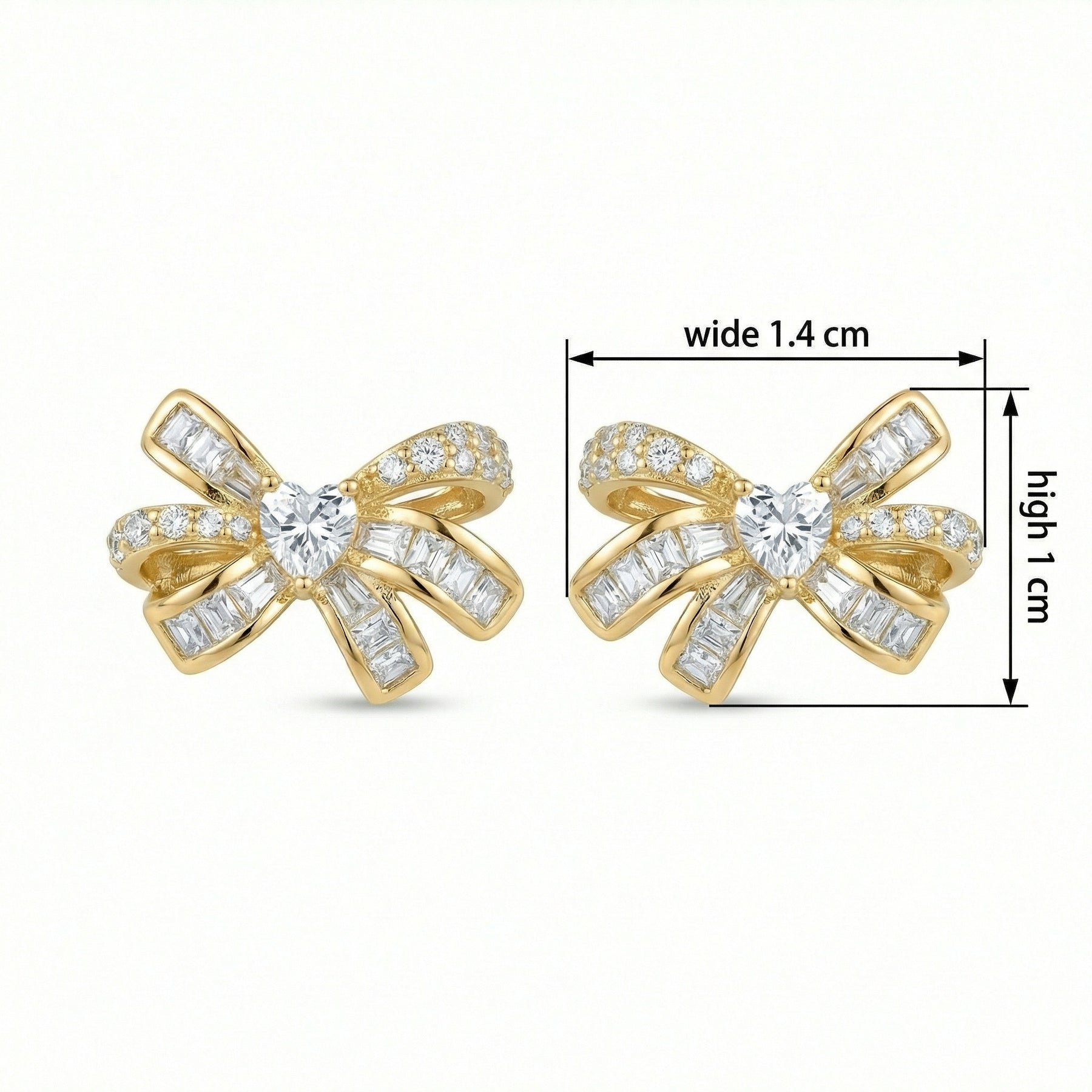 Bow Studs with Heart Center – sterling silver earrings, close-up