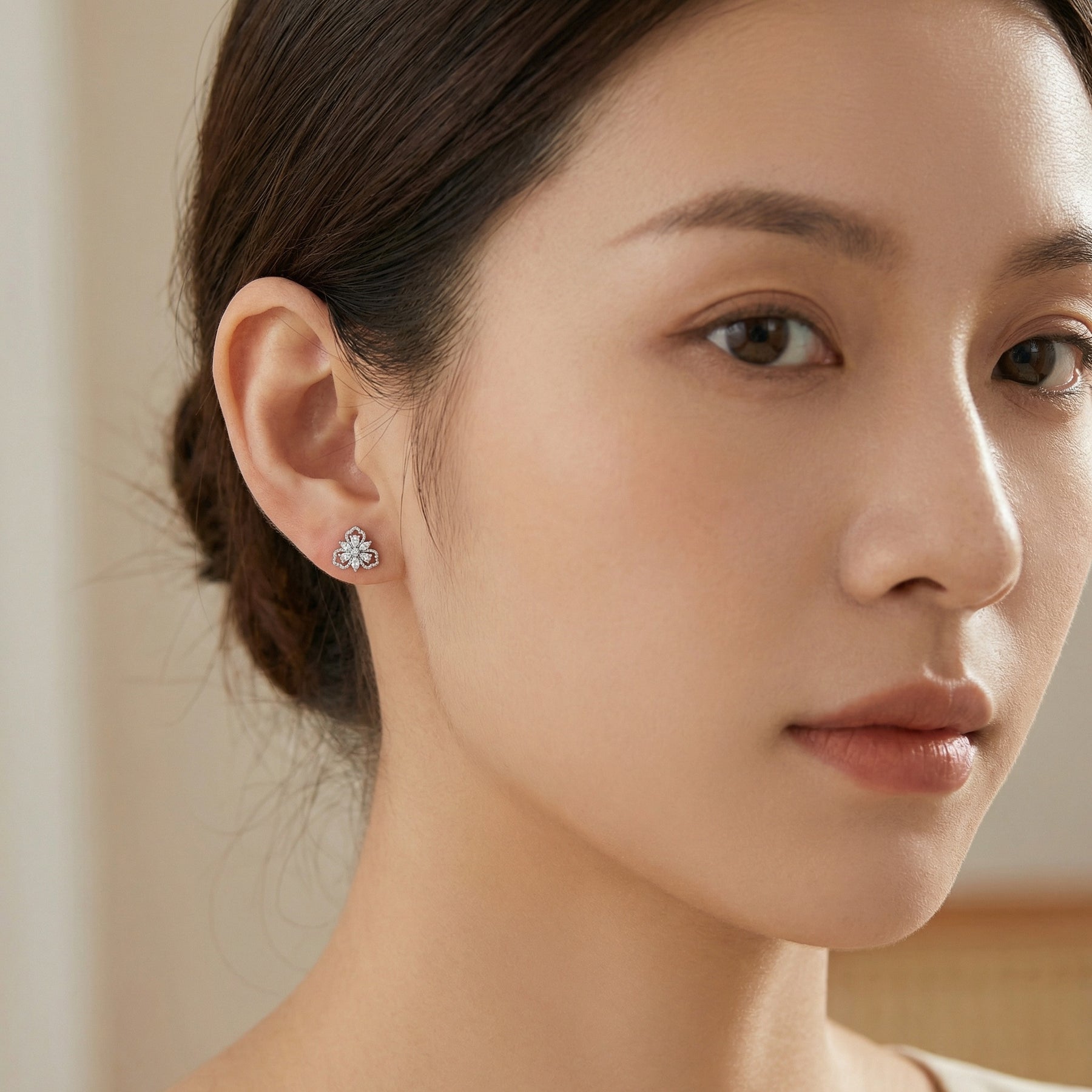 Floral Trefoil Marquise Stud Earrings – sterling silver earrings, front view