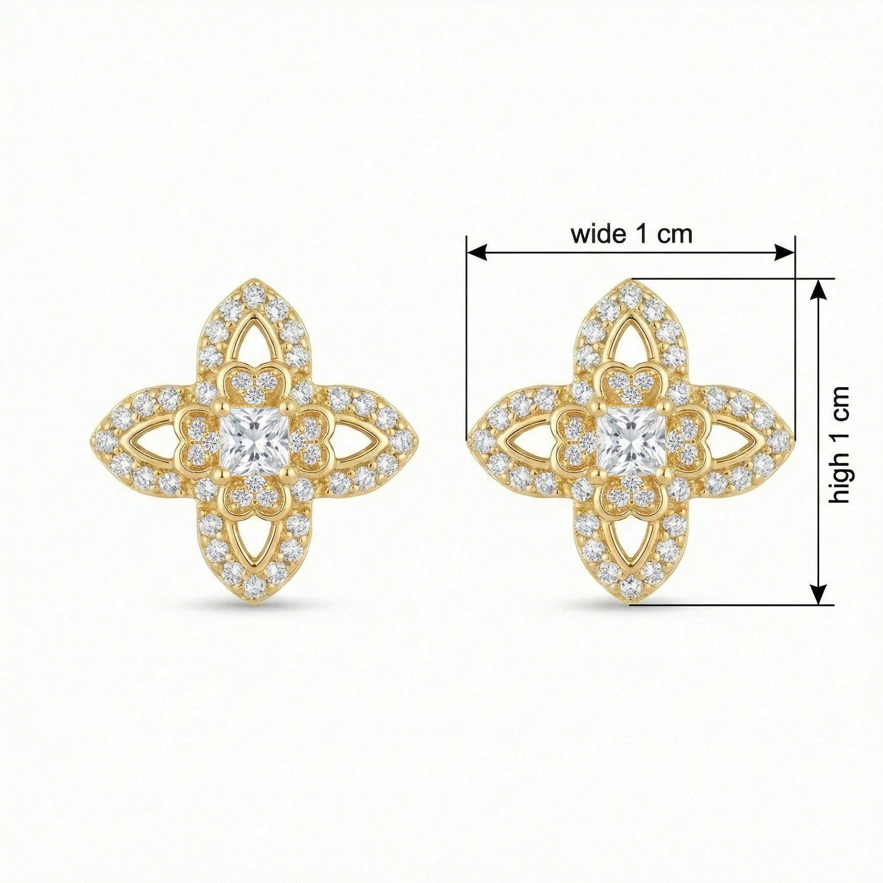 Quatrefoil CZ Princess-Cut Studs – zircon earrings, front view