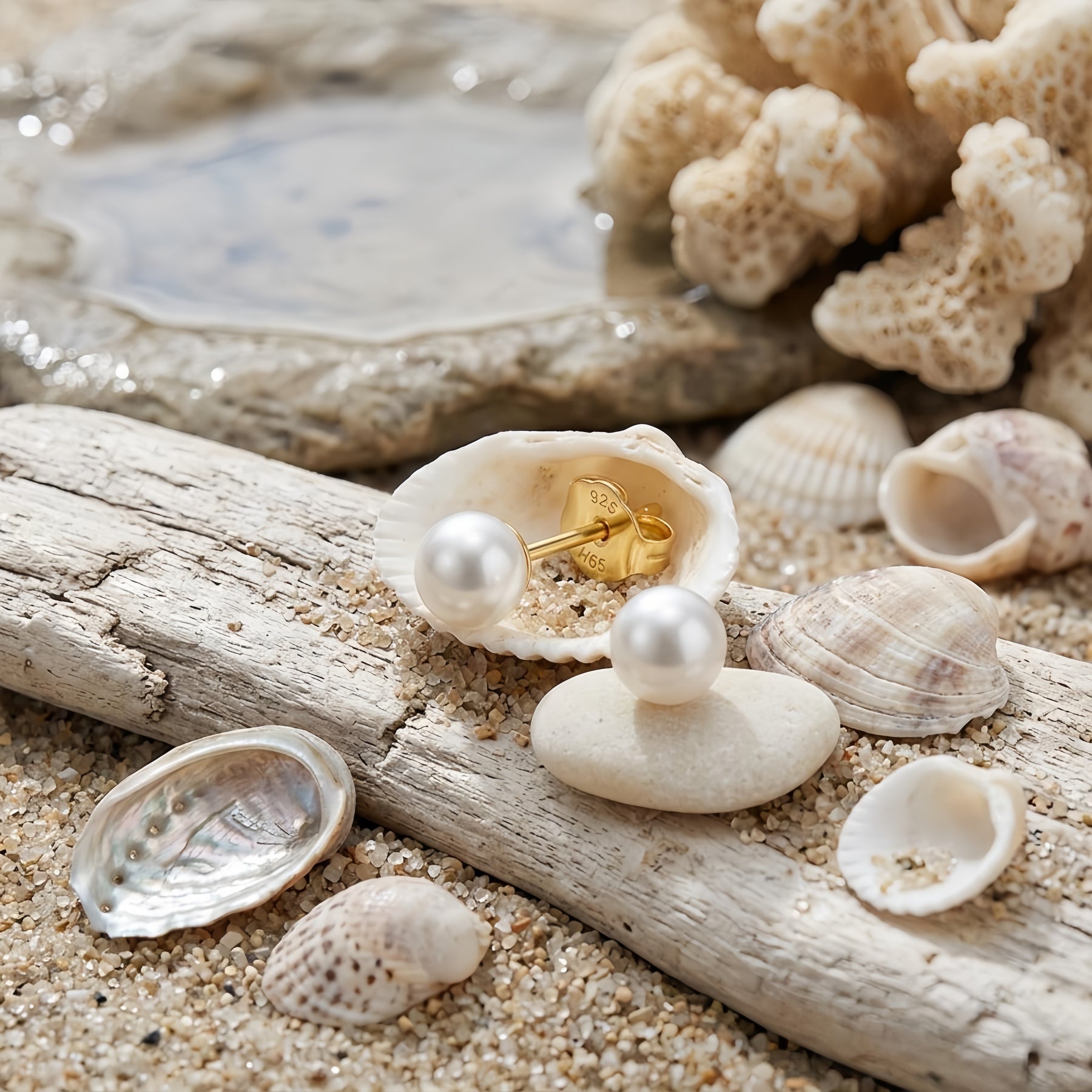 Round White Pearl Studs, Classic Backs – pearl earrings, side detail