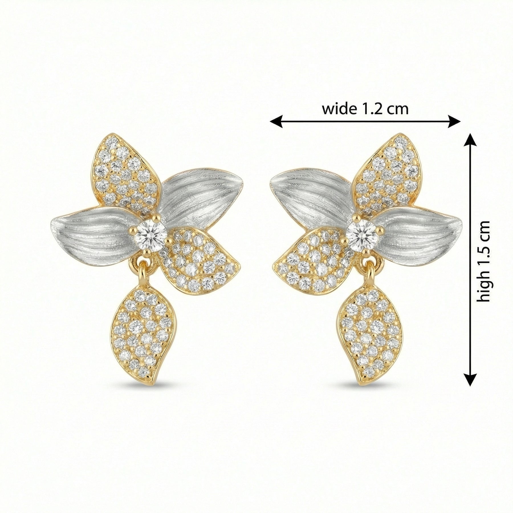 Two-Tone Floral Studs with Leaves – sterling silver earrings, side detail