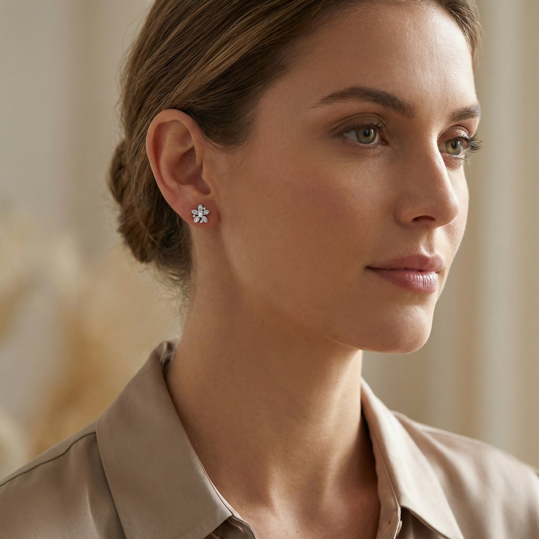 Rectangular-cut Floral Stud Earrings – sterling silver earrings, front view