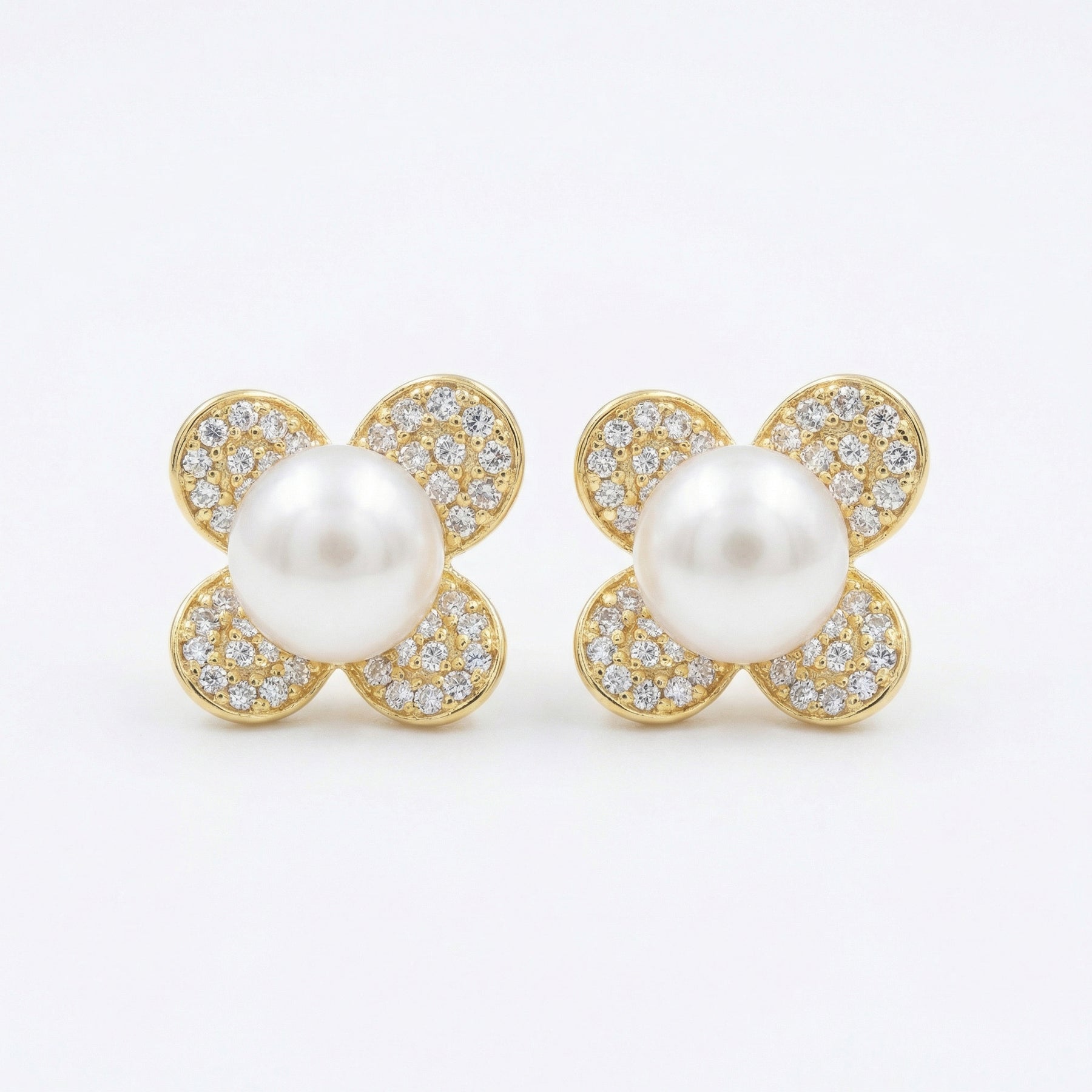 Pearl and CZ Floral Petal Studs – pearl earrings, front view