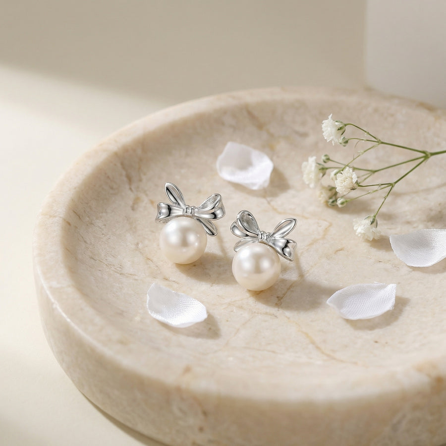 Bow Knot Pearl Stud Earrings – pearl earrings, front view