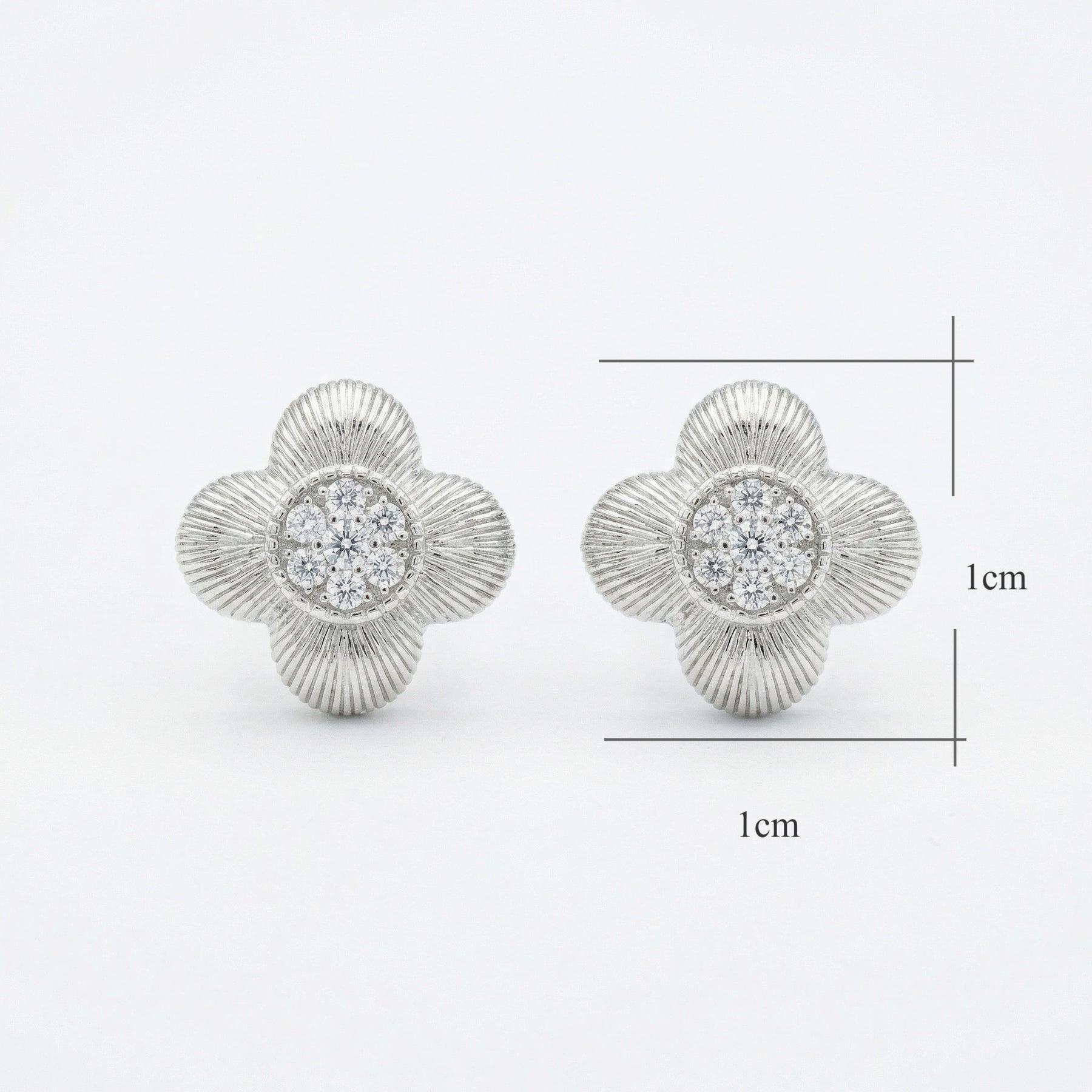 Ribbed Clover Stud Earrings – sterling silver earrings, close-up