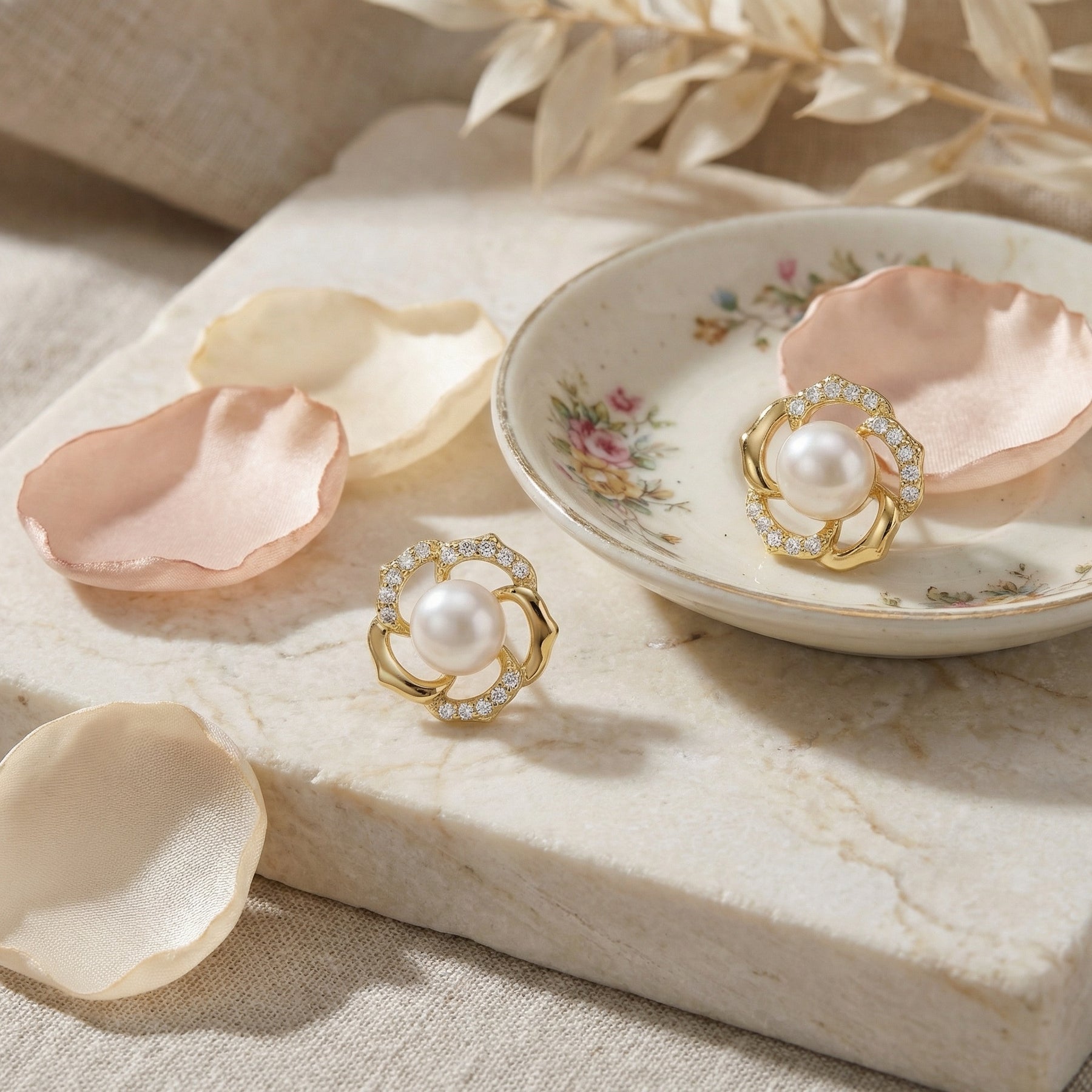 Floral Pearl Sparkling stone Accent Studs – pearl earrings, side detail
