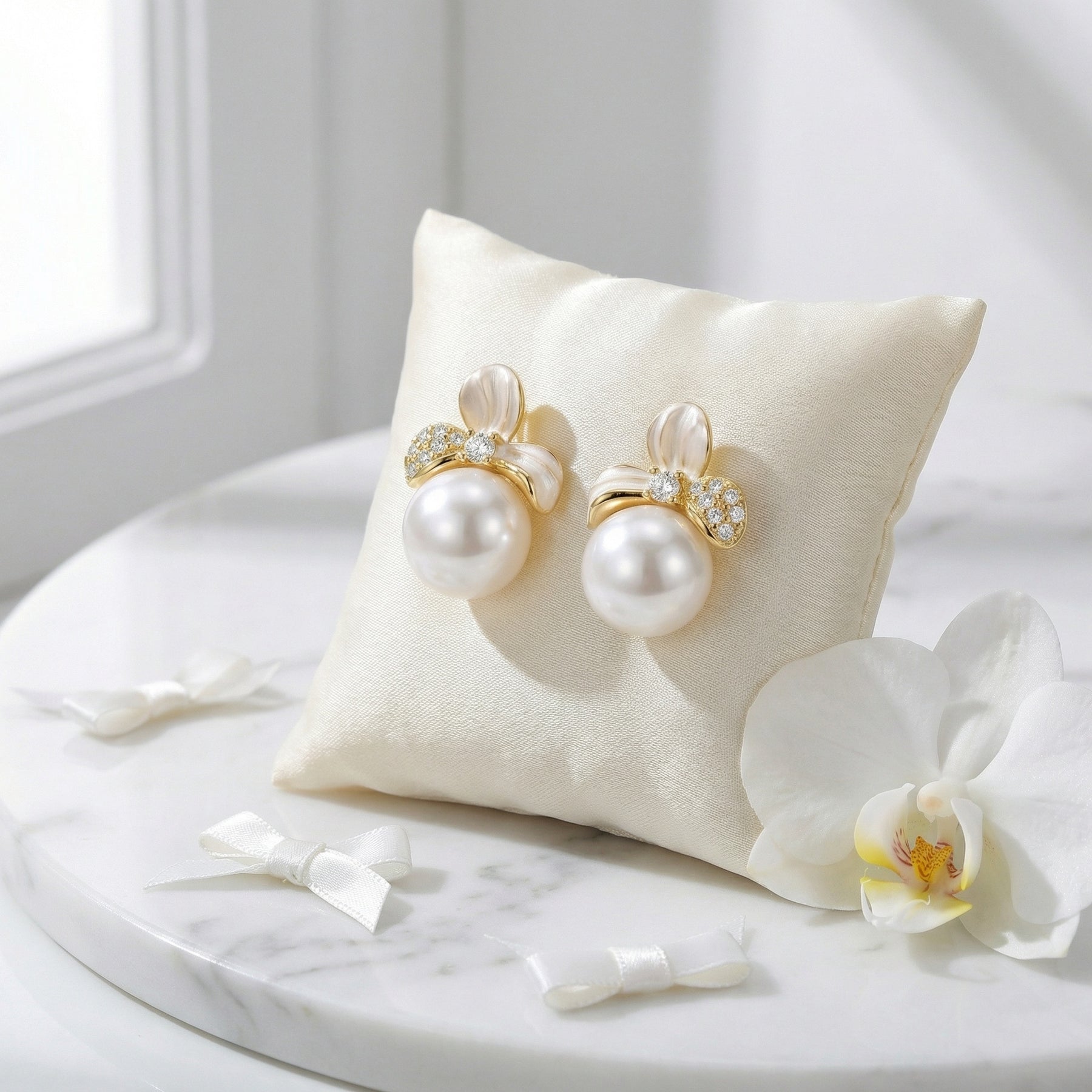Floral Pearl Studs with Enamel Petals – pearl earrings, side detail
