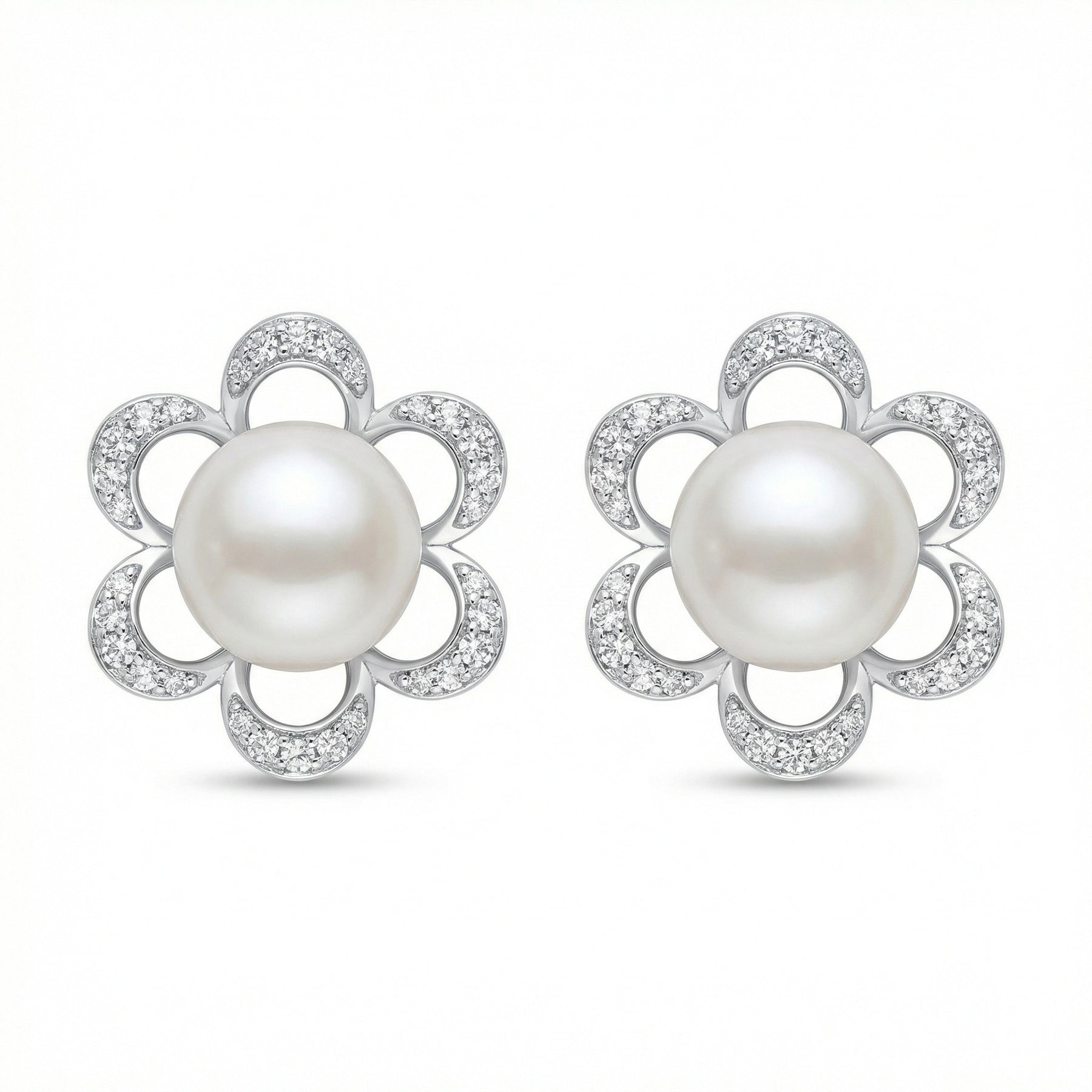 Silver Flower Pearl Stud Earrings – pearl earrings, front view