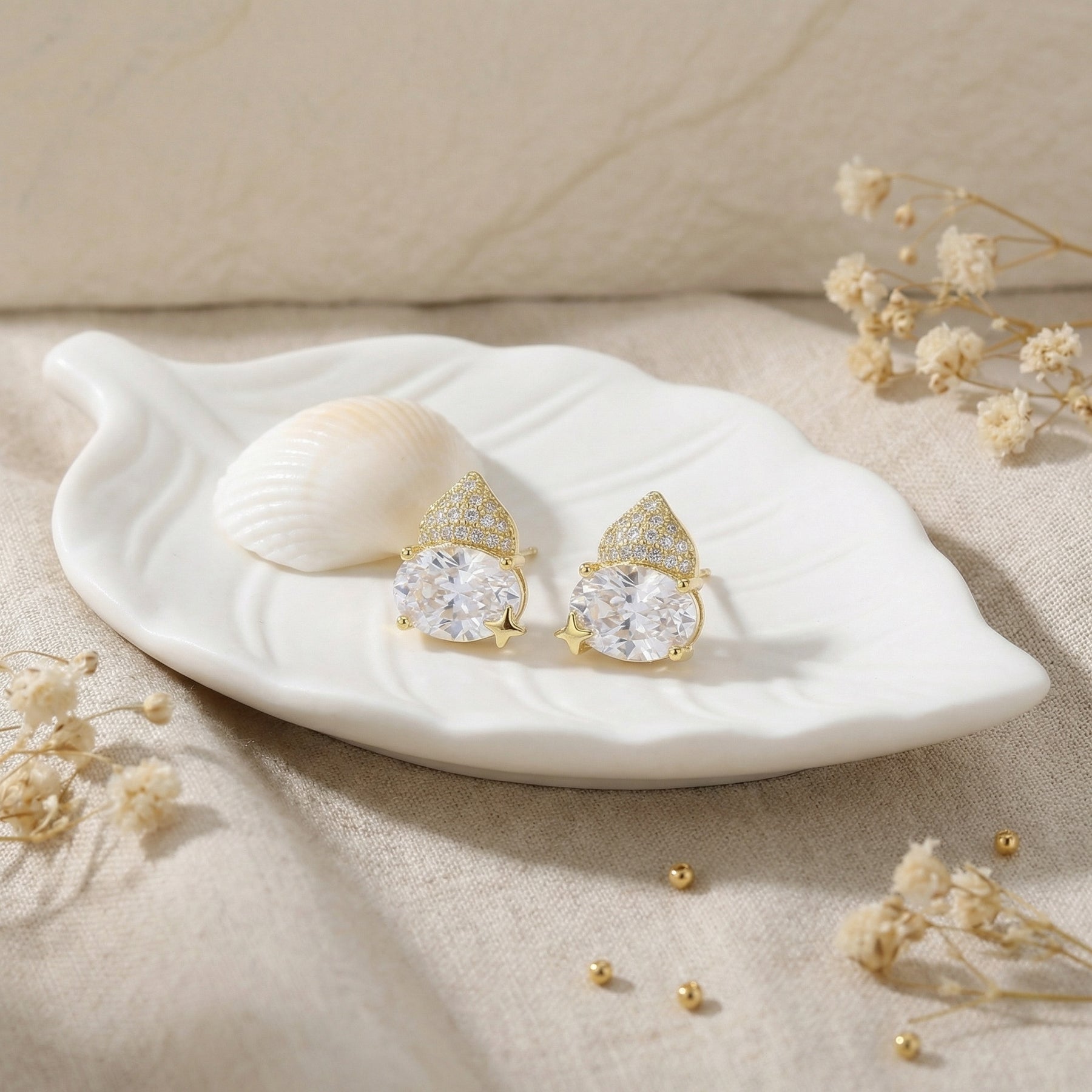 Celestial Star and Oval Stud Earrings – sterling silver earrings, side detail
