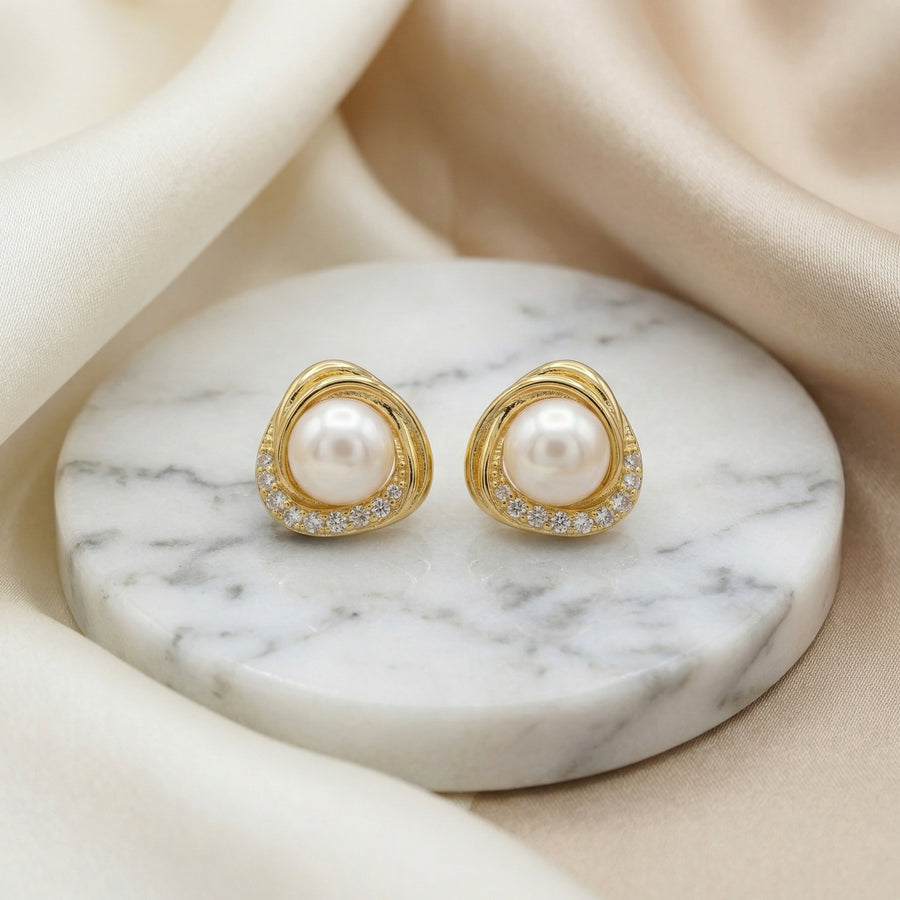Pearl Studs in Trillion Setting – pearl earrings, front view
