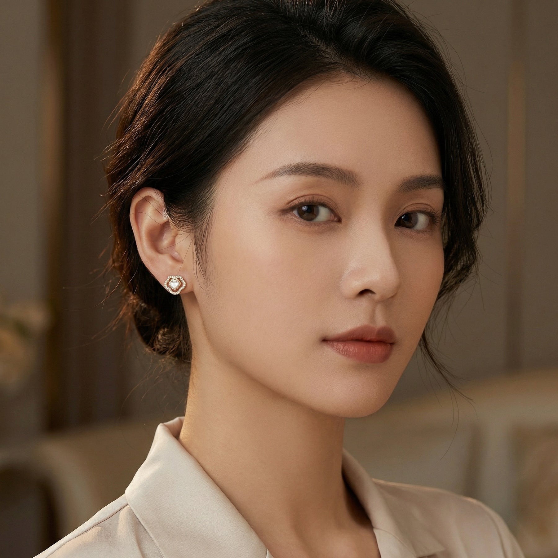 Heart Mother-of-Pearl Ruyi Studs – mother-of-pearl earrings, front view