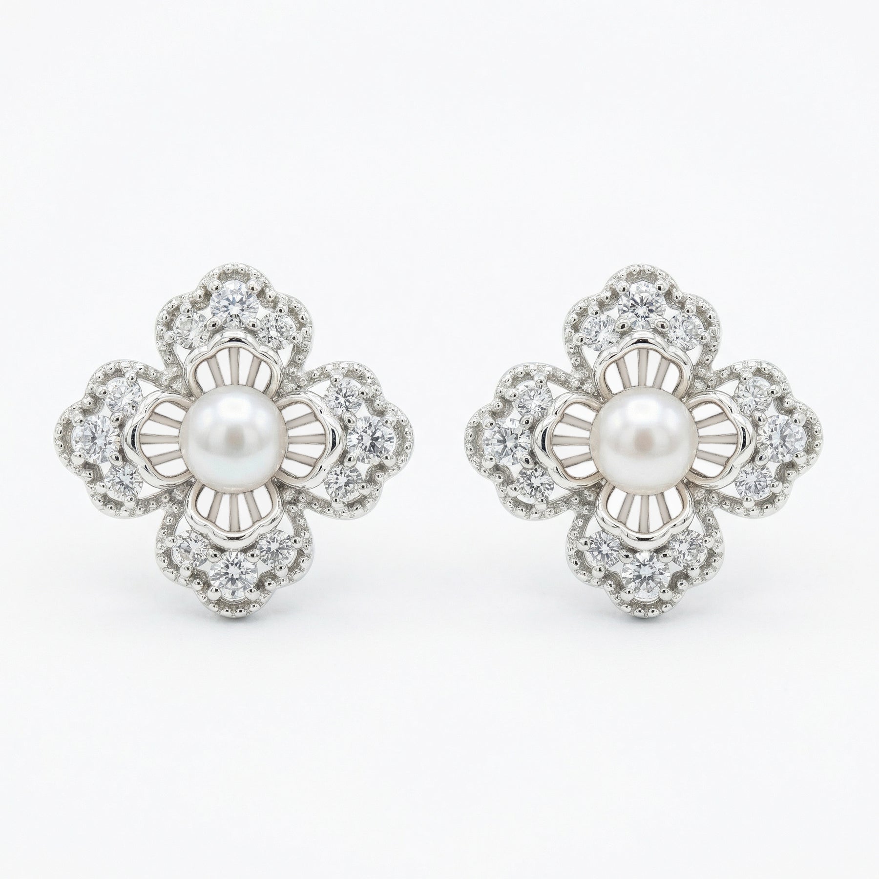 Floral Pearl Accent Stud Earrings – pearl earrings, side detail