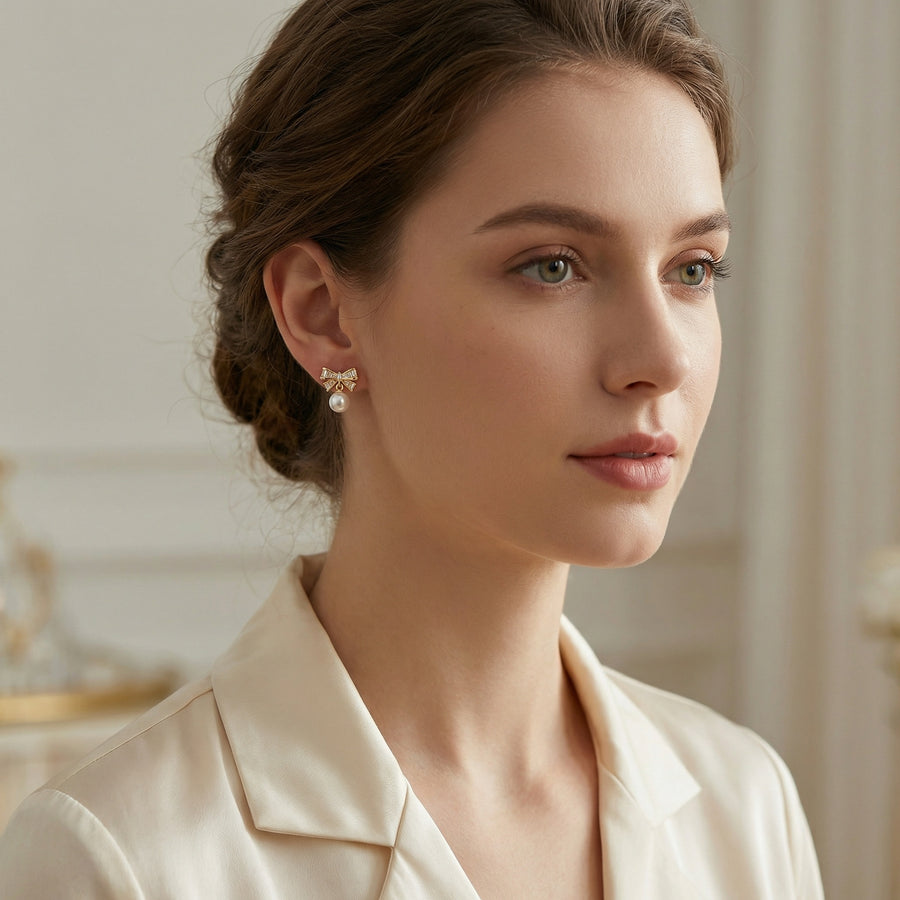 Crystal Bow and Pearl Dangle Earrings – pearl earrings