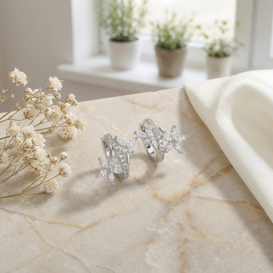 Flower and Butterfly Huggie Hoop Earrings – sterling silver earrings, side detail