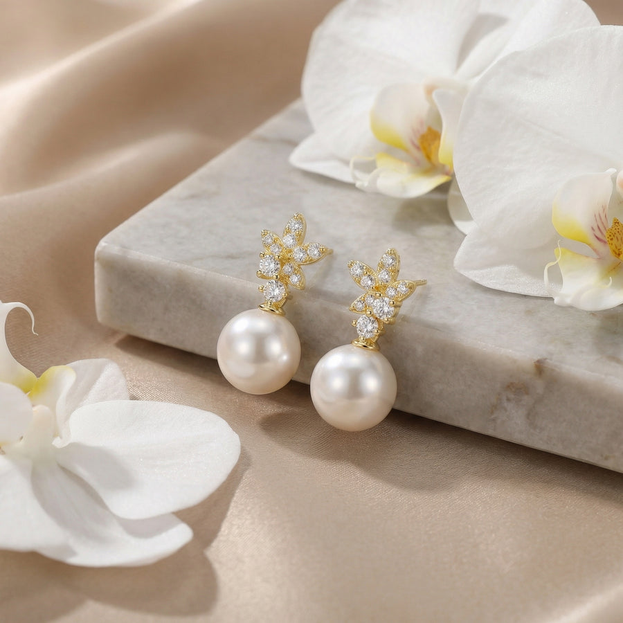 Floral Pearl Drop Earrings – pearl earrings, side detail
