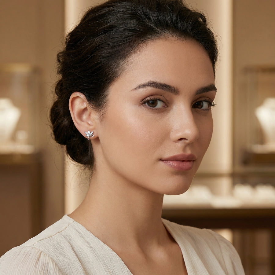 Marquise-Cut Floral Stud Earrings – sterling silver earrings, side detail