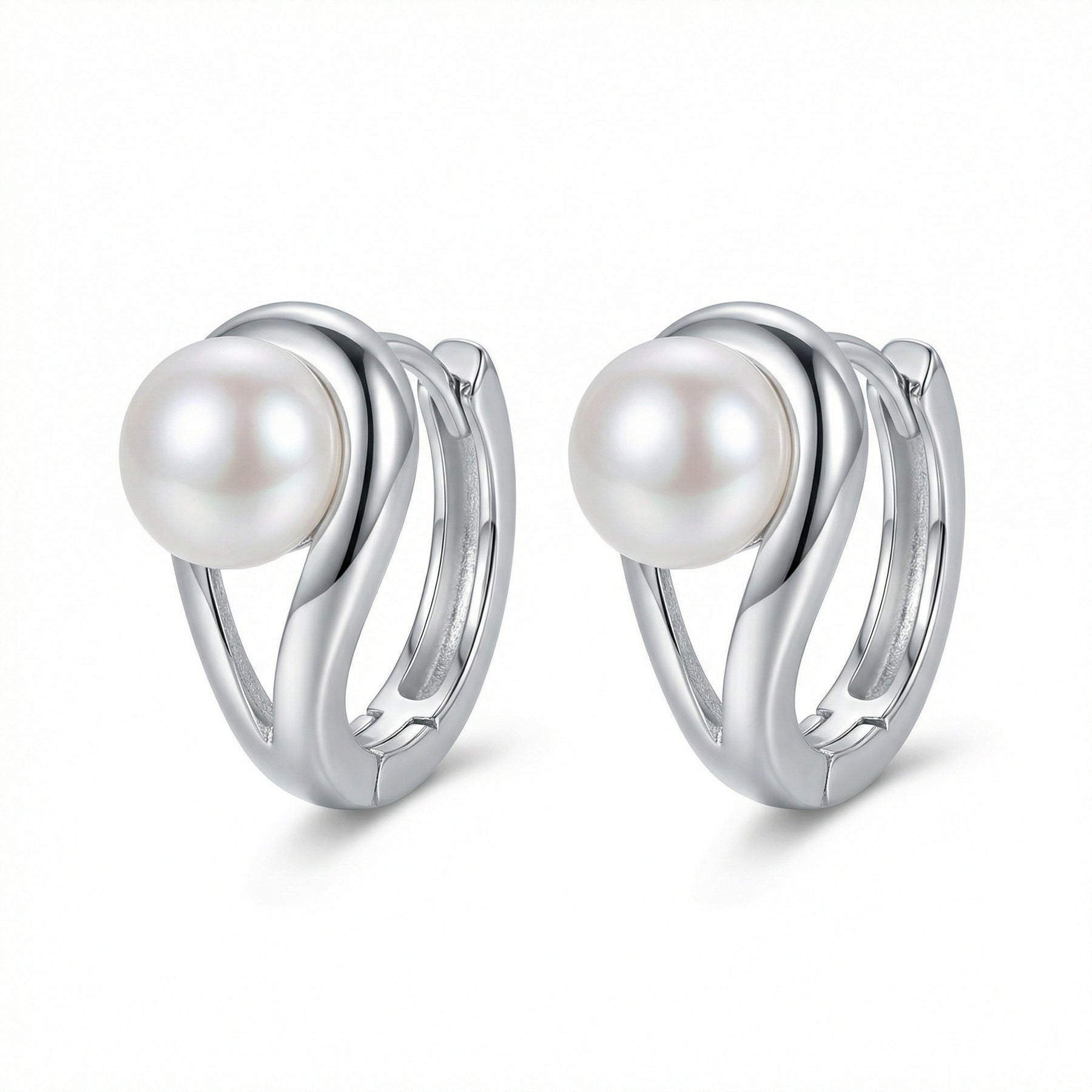 Silver Swirl Pearl Huggie Hoops – pearl earrings, front view