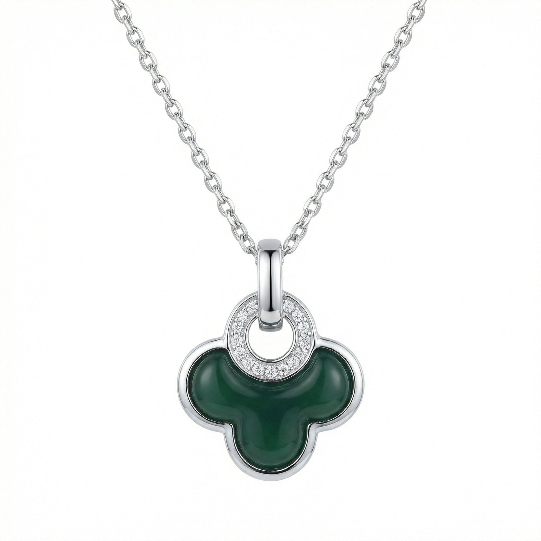 Malachite Clover Pendant Necklace – sterling silver necklace, front view
