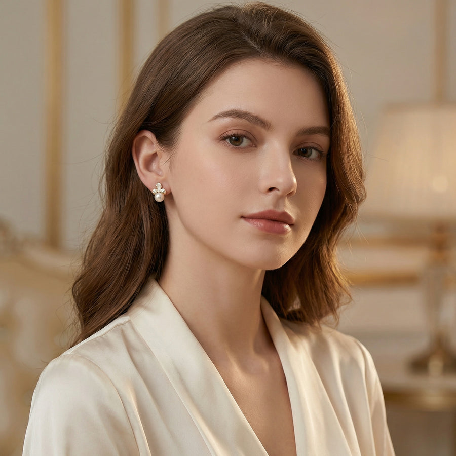 Floral Pearl Studs with Enamel Petals – pearl earrings, close-up