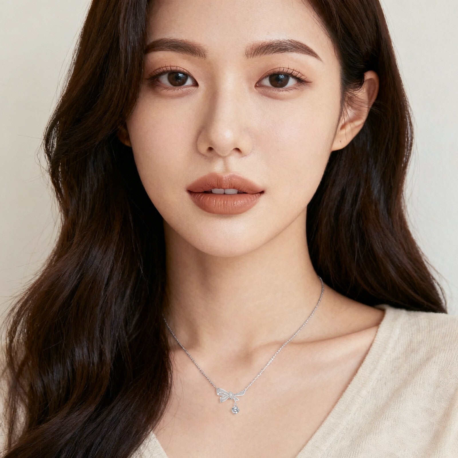 Silver Bow Necklace with Sparkling stone Charm – sparkling stone necklace, front view