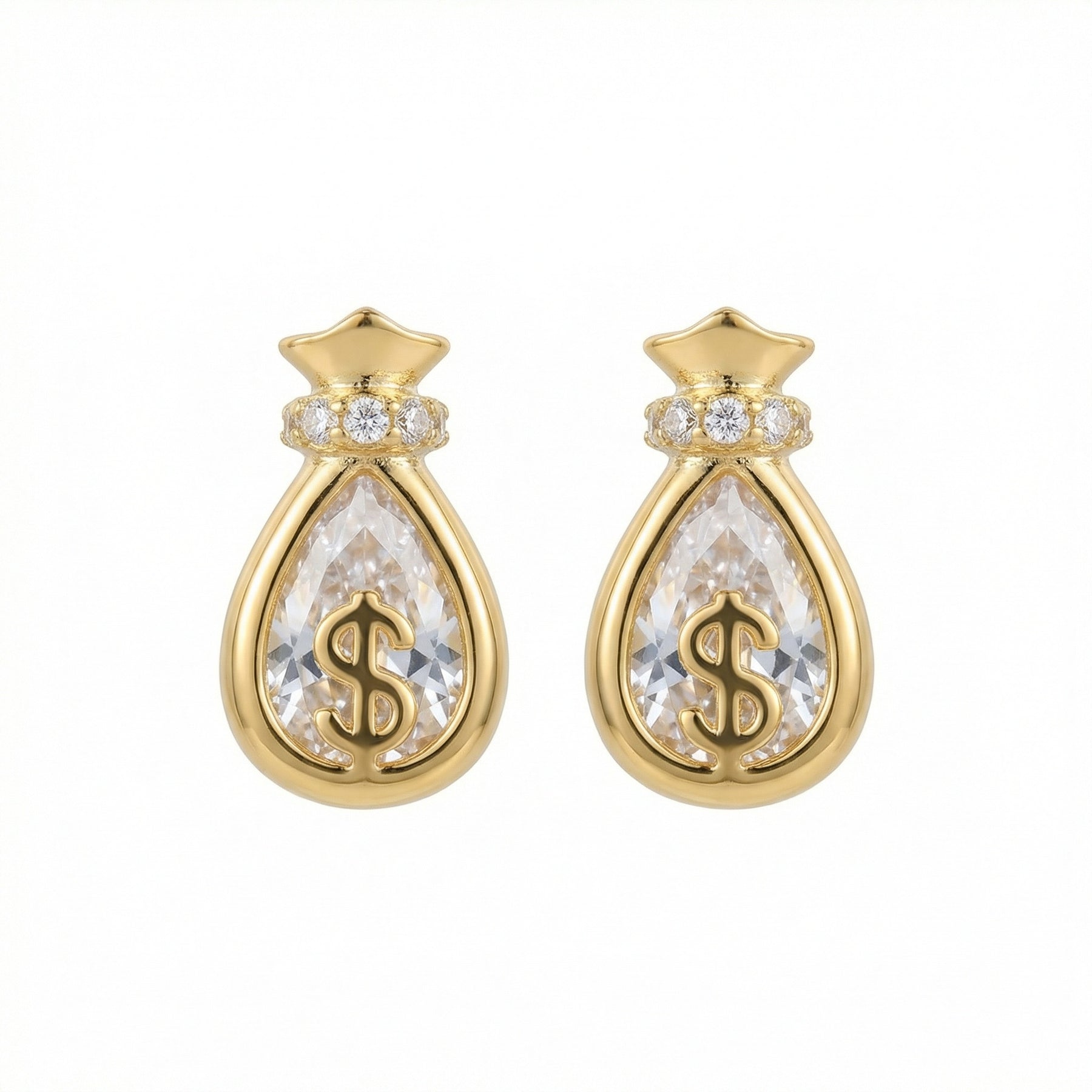 Money Bag Symbol Stud Earrings – sterling silver earrings, front view