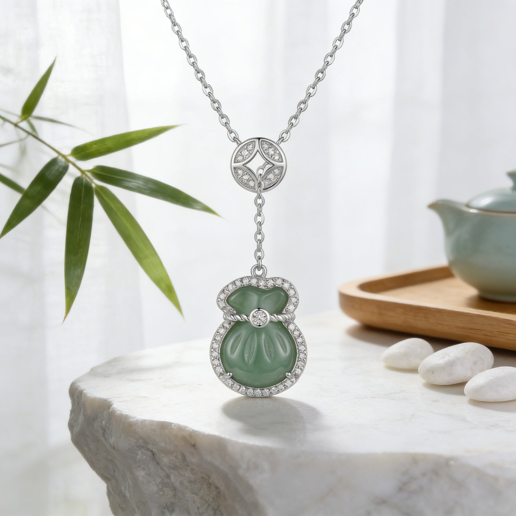 Green Jade Money Bag Pendant Necklace – jade necklace, close-up