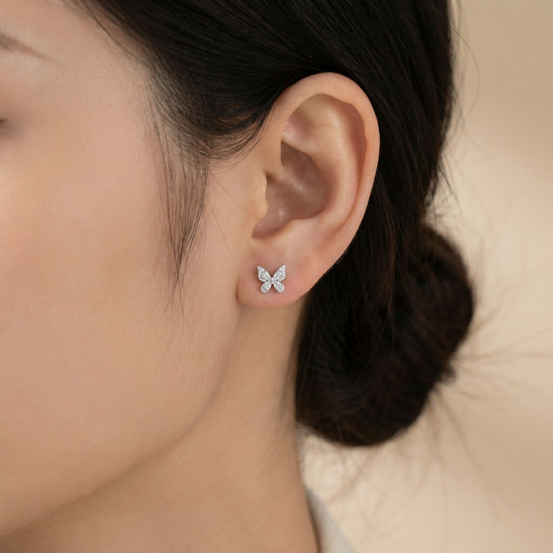 Butterfly Studs with Sparkling Pear Cuts – sterling silver earrings, close-up
