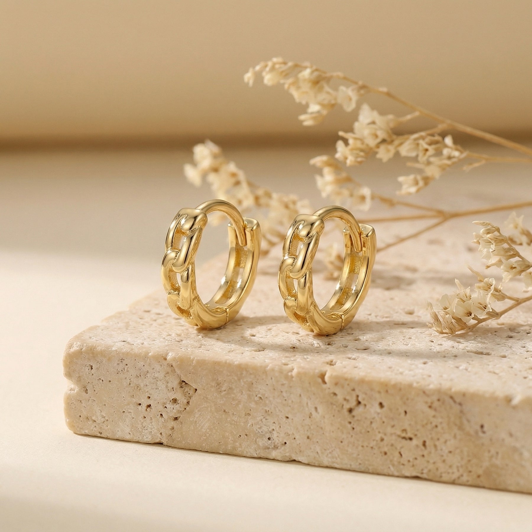 Curb Link Textured Huggie Hoops – sterling silver earrings, close-up