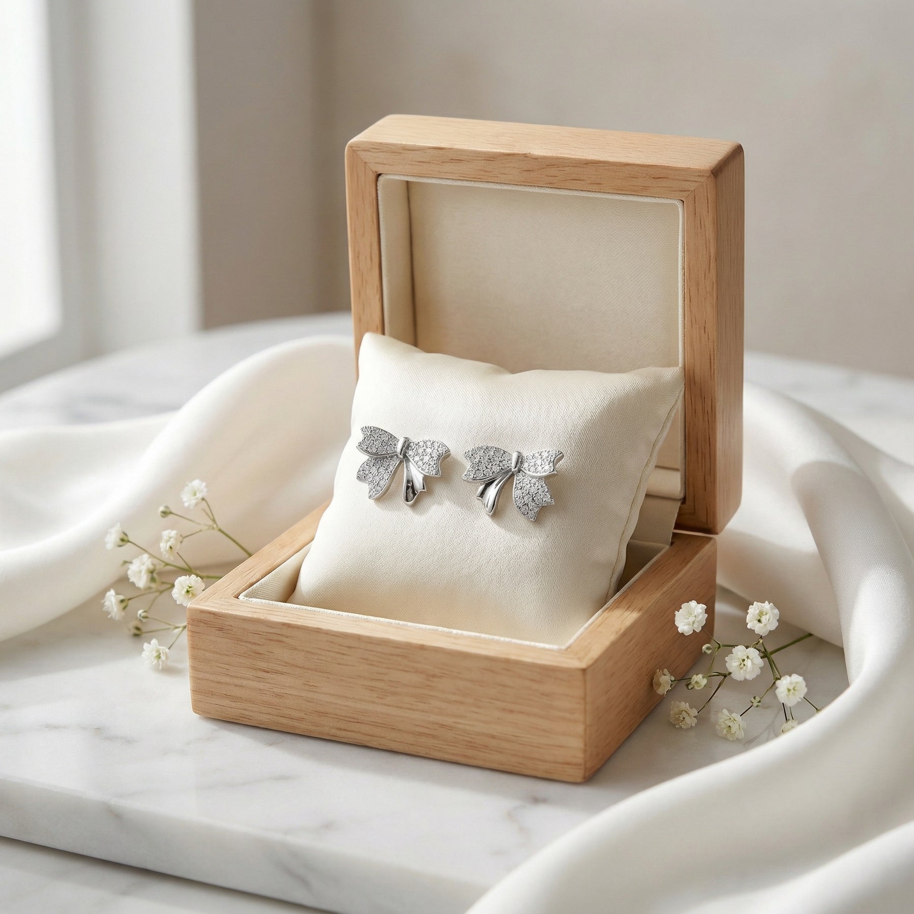 Pavé Ribbon Bow Stud Earrings – sterling silver earrings, close-up
