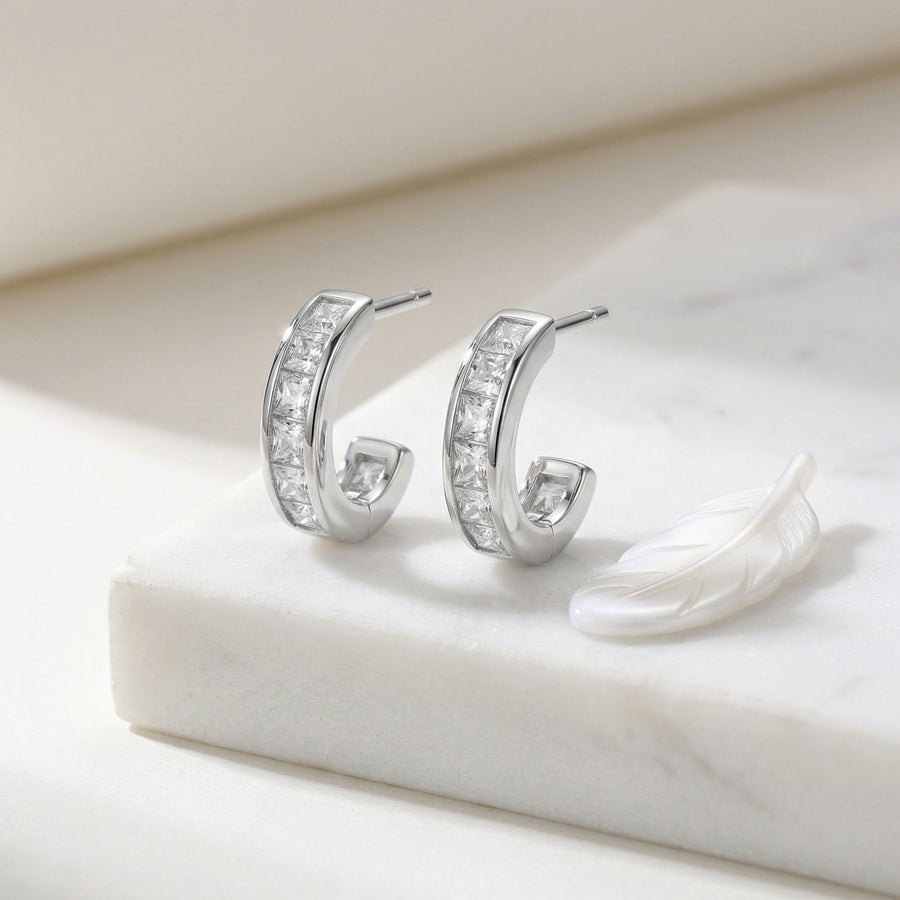Channel-Set Princess-Cut Half-Hoops – sterling silver earrings