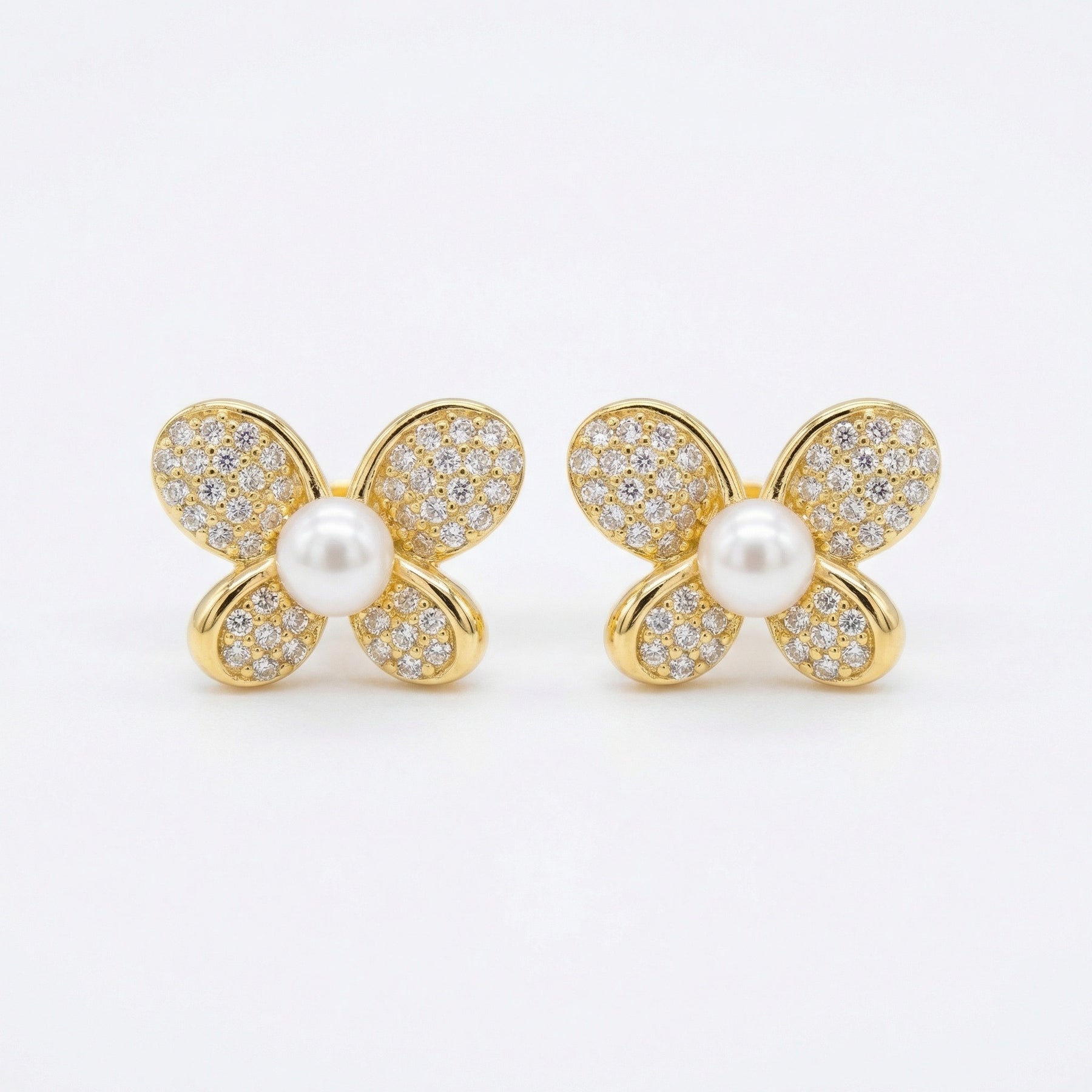 Butterfly Studs, Pearl Center – pearl earrings, close-up