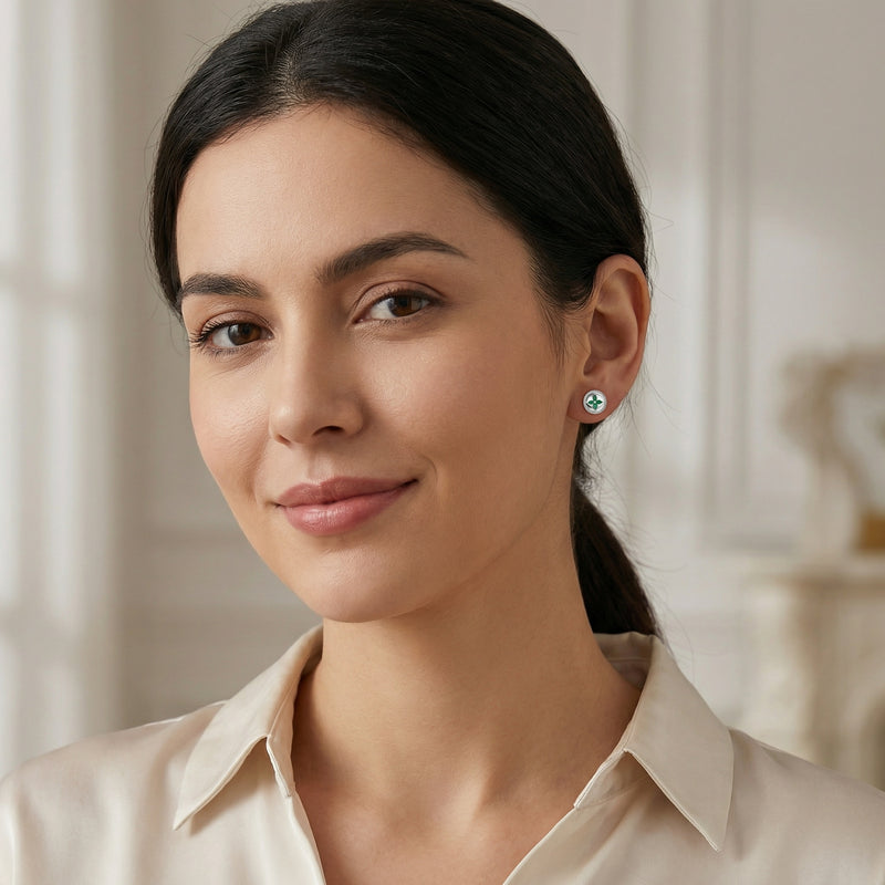 Green Marquise Flower Stud Earrings – sterling silver earrings, close-up