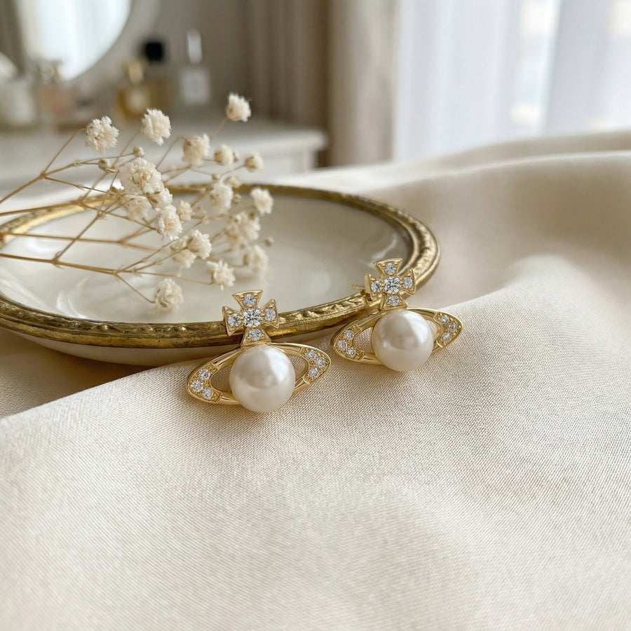 Orb Pearl Stud Earrings – pearl earrings, front view