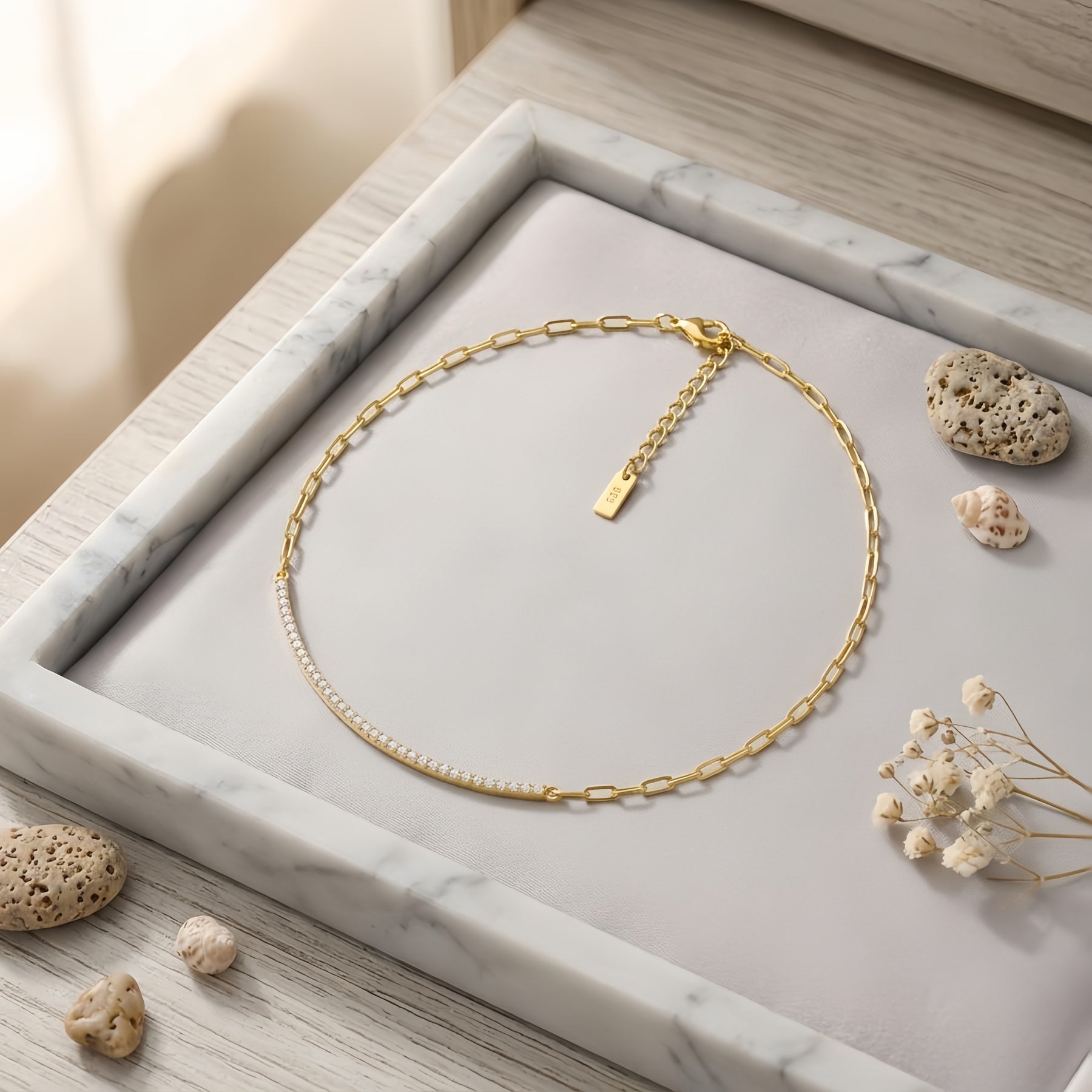 gold-plated Chain Necklace with CZ Bar Pendant – zircon necklace, front view