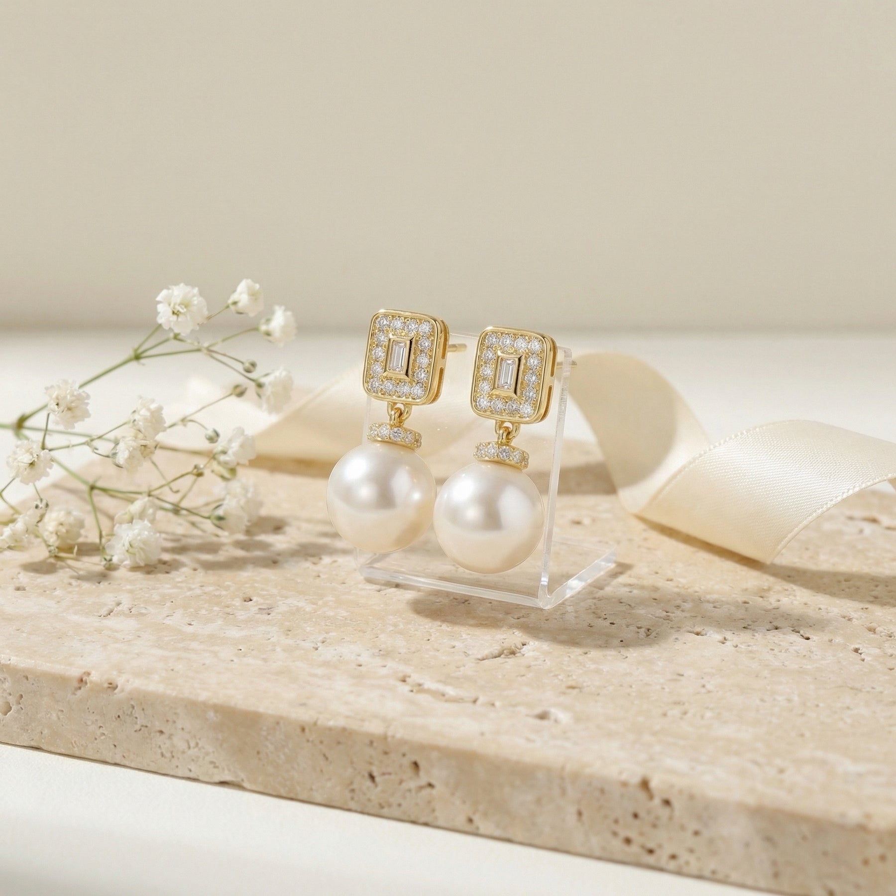 Pearl Drops with Rectangular Accents – pearl earrings