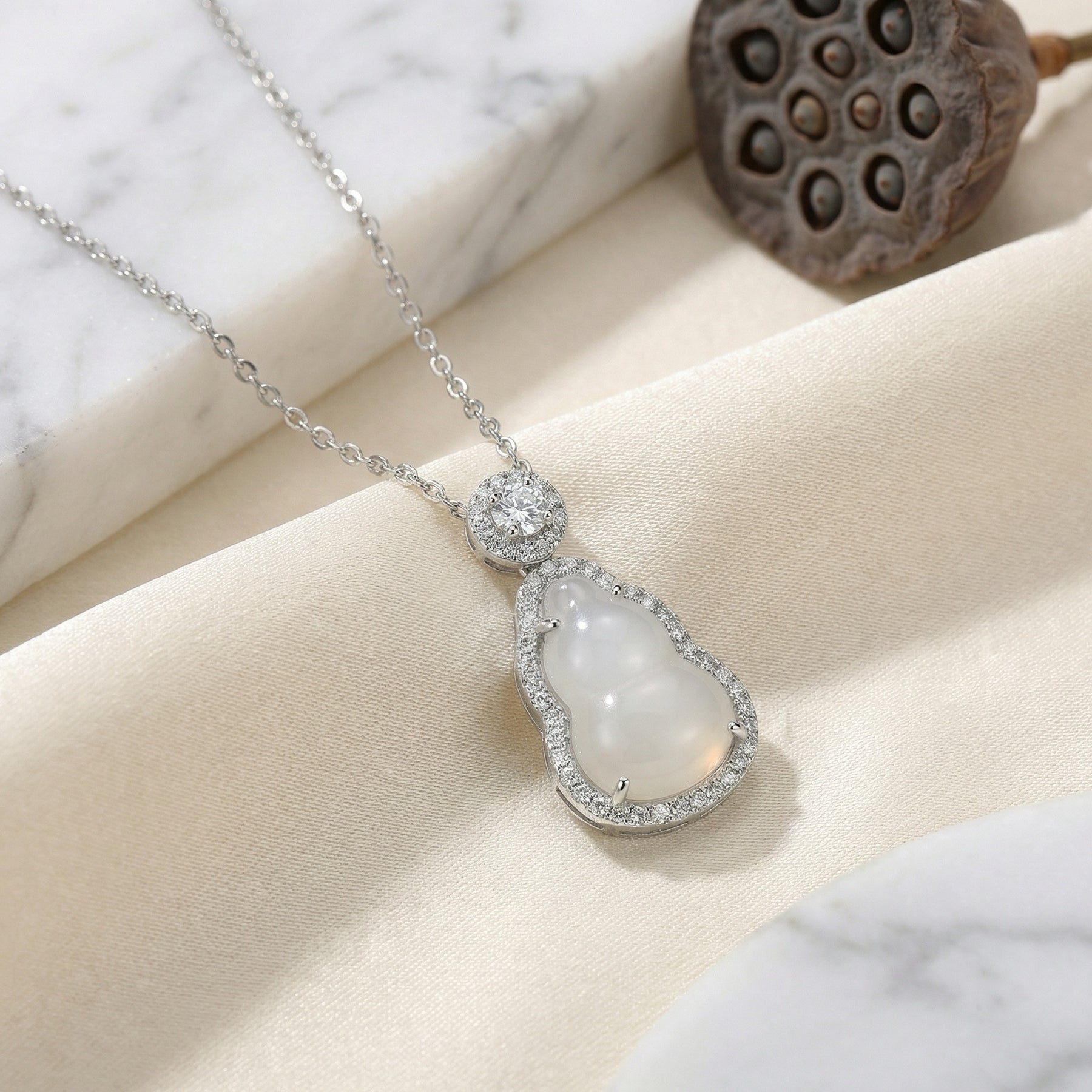 White Gemstone Gourd Necklace – jade necklace, side detail