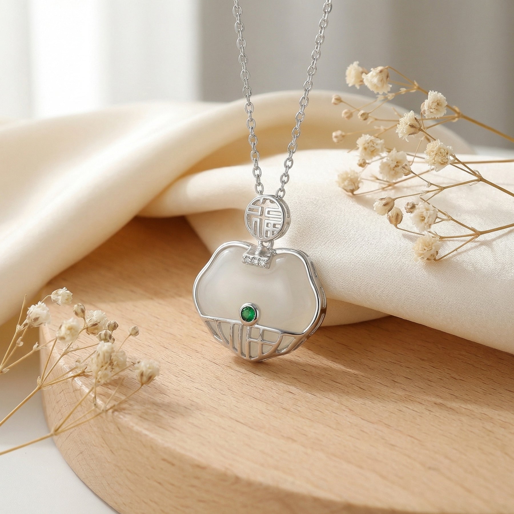 White Jade Long-Life Lock Necklace – jade necklace, side detail