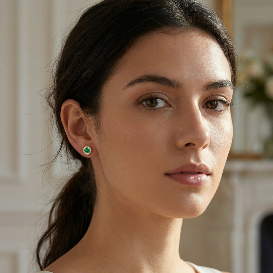 Round Green stone Halo Stud Earrings – green stone earrings, side detail