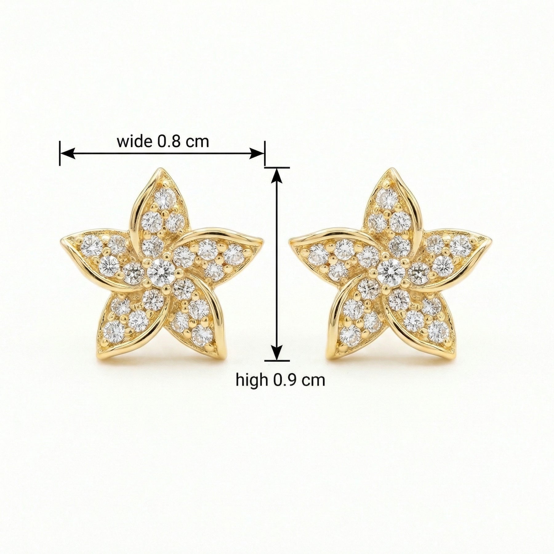 Five-Petal Floral Sparkling stone Studs – sterling silver earrings, close-up