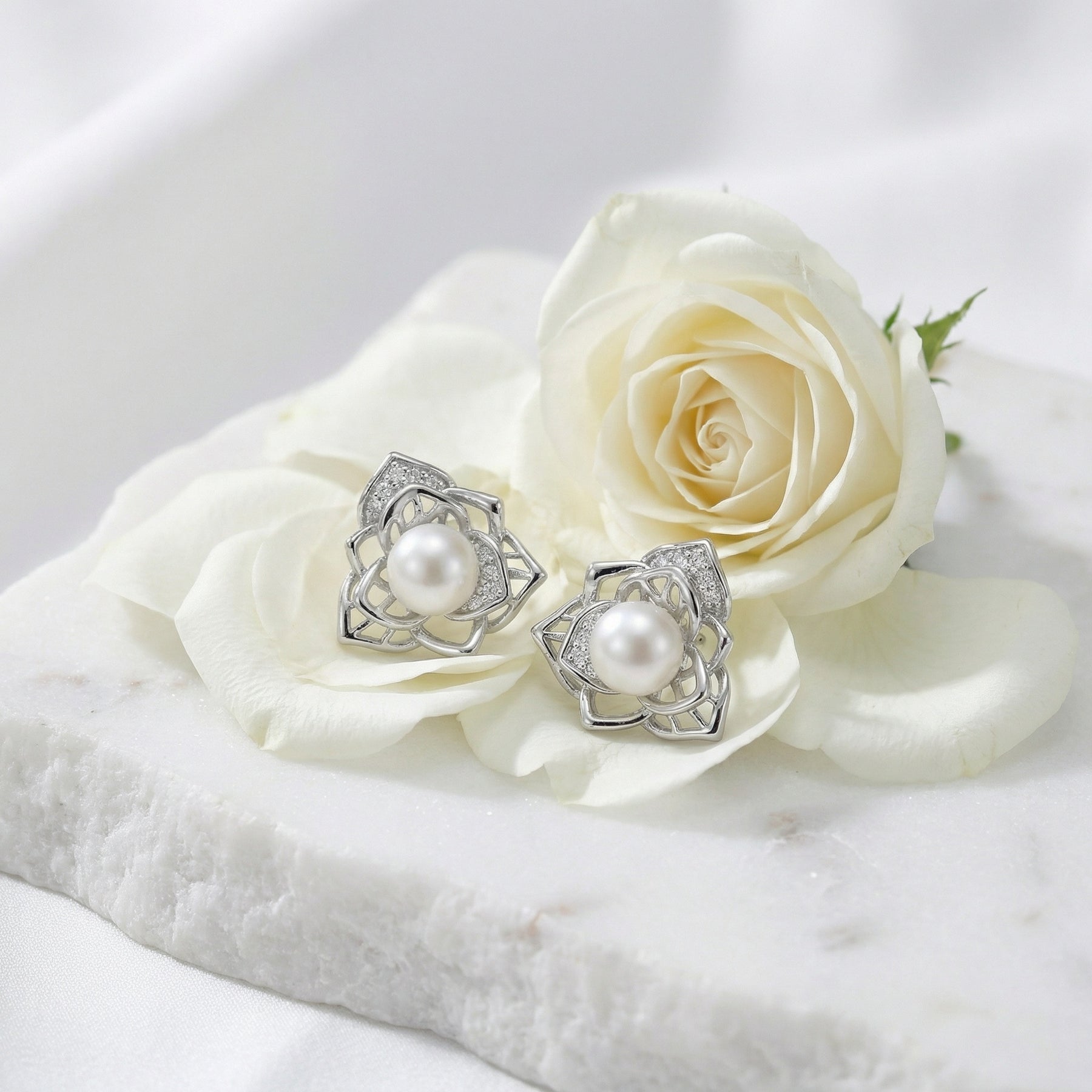 Pearl Blossom Stud Earrings – pearl earrings, close-up