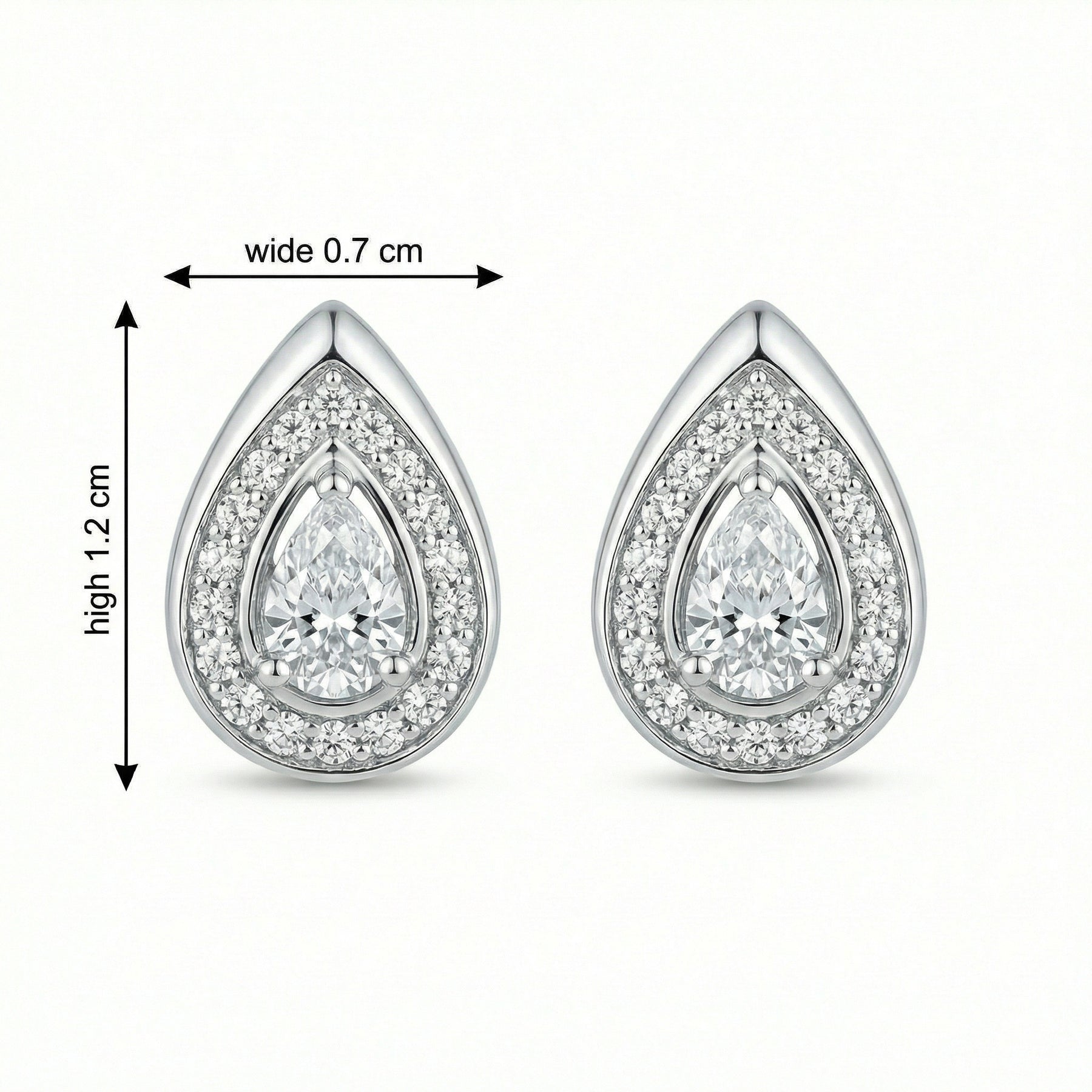Pear-Cut Halo Teardrop Studs – sterling silver earrings, close-up