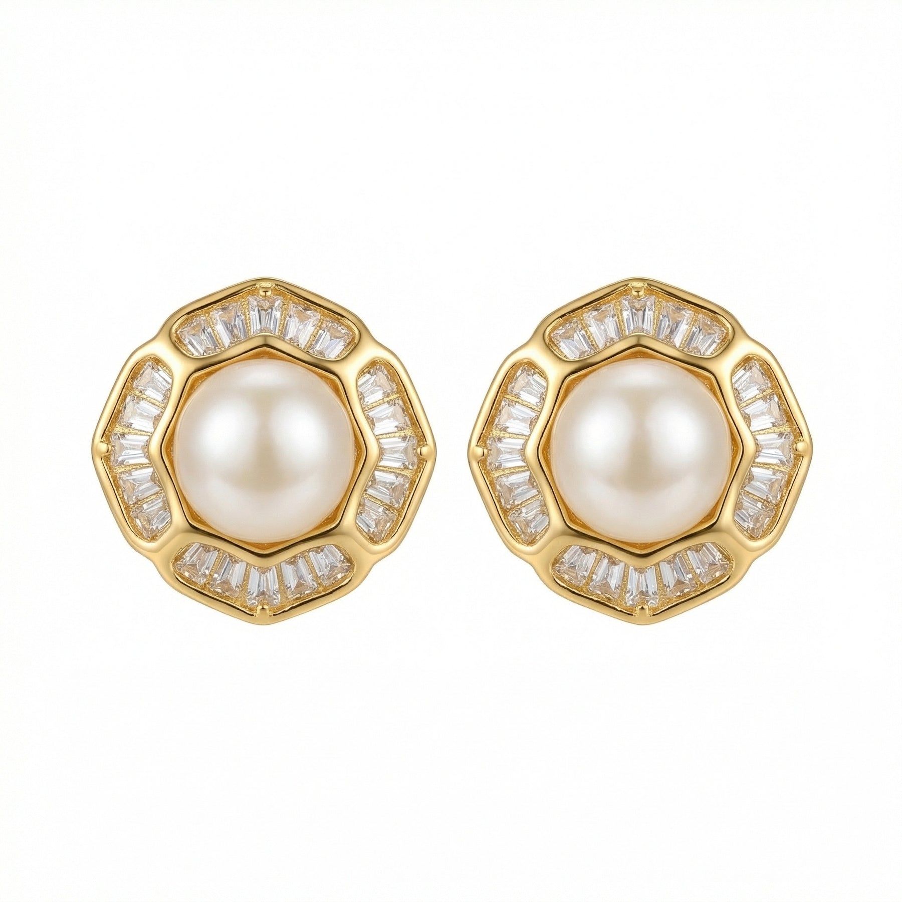 Scalloped Pearl Studs, Baguette Halo – pearl earrings