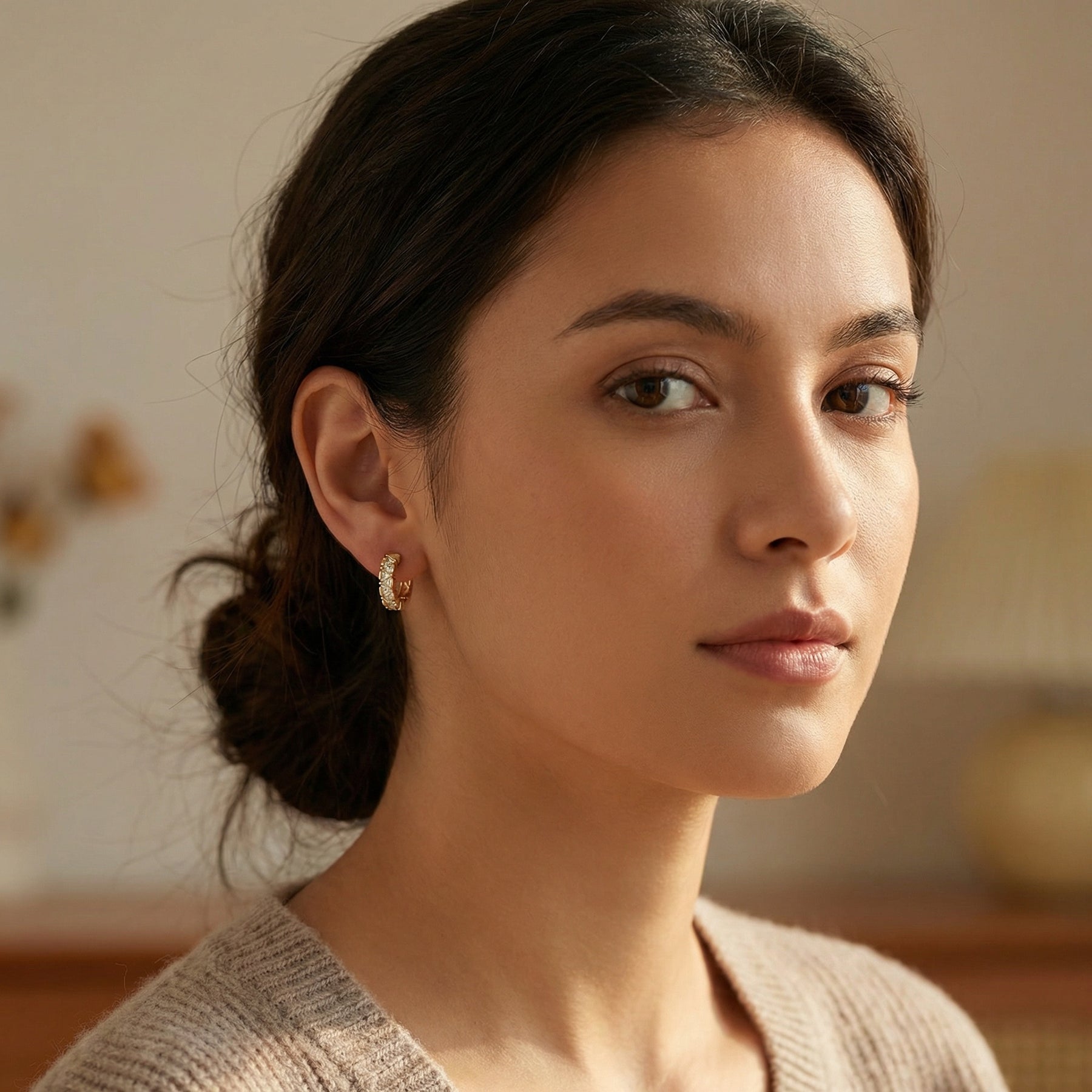Trillion-Cut CZ Huggie Hoop Earrings – zircon earrings, close-up