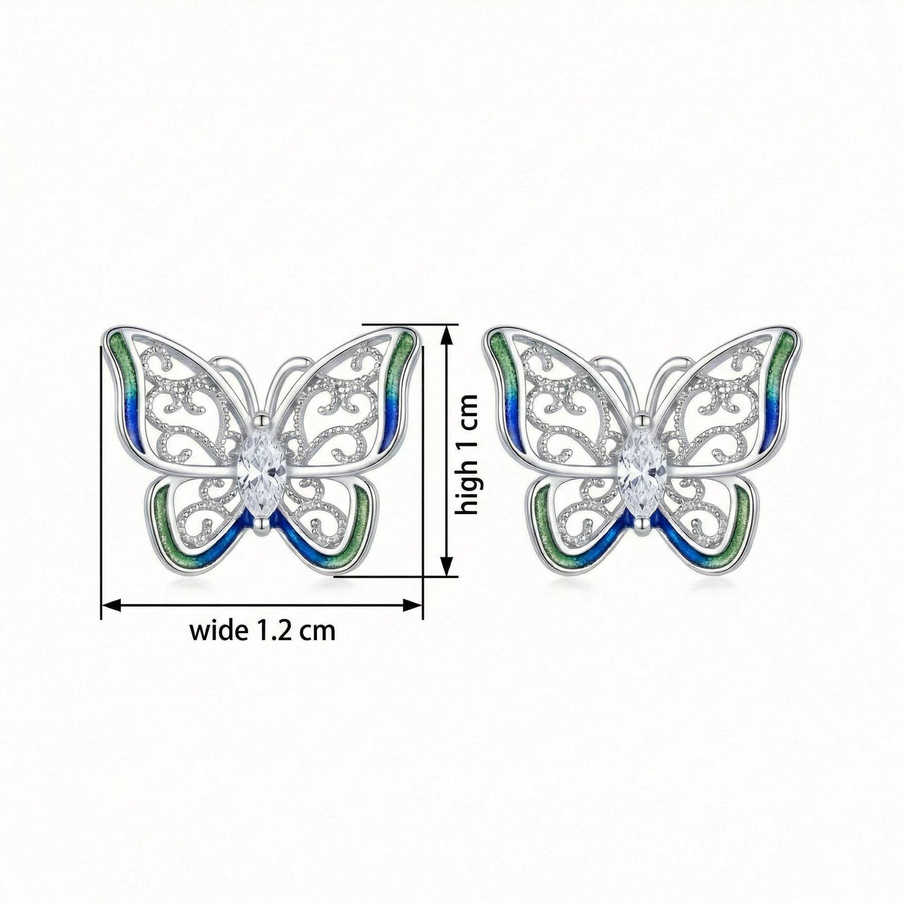Enamel Butterfly Filigree Stud Earrings – sterling silver earrings, side detail