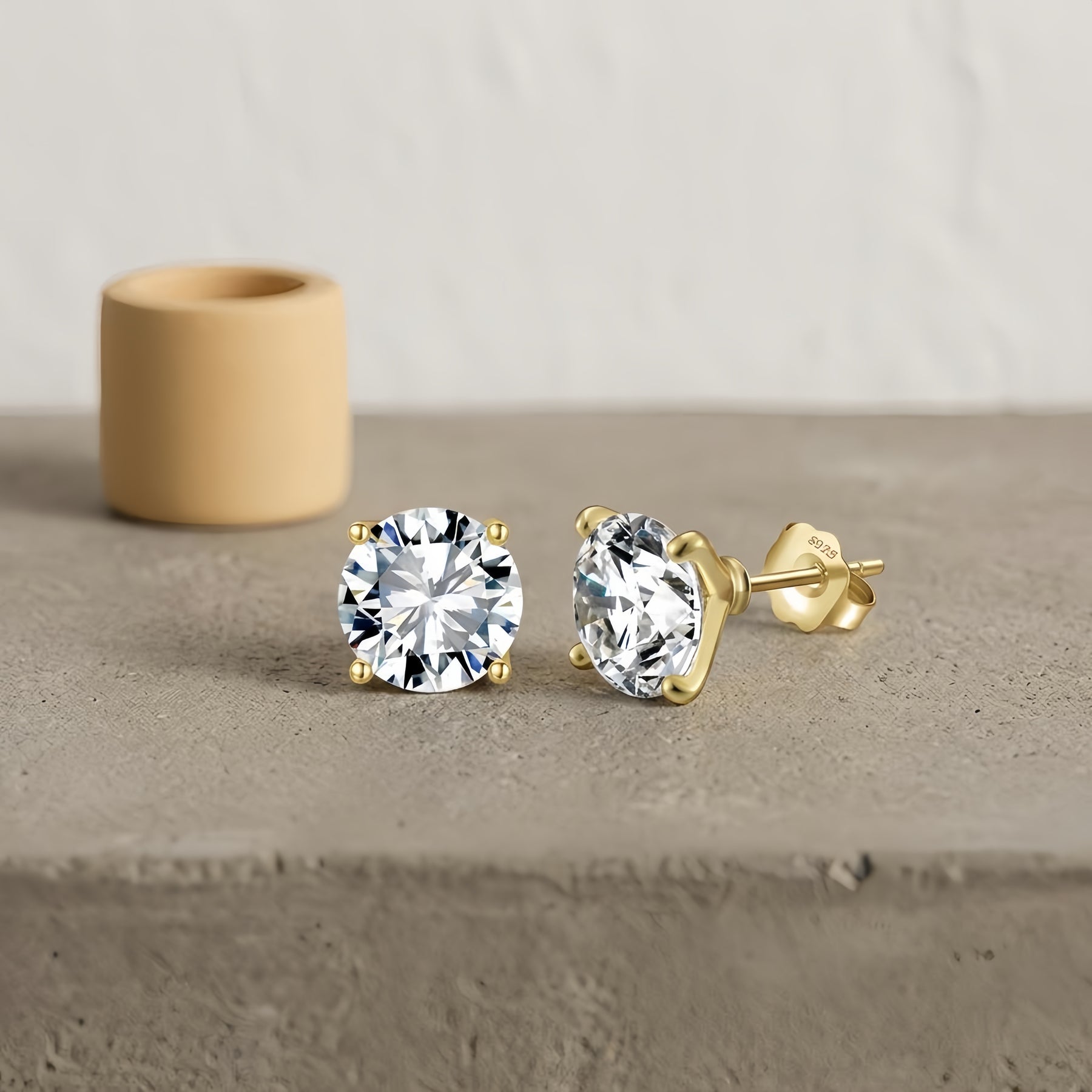 gold-tone CZ Studs, Four-Prong Setting – zircon earrings, front view