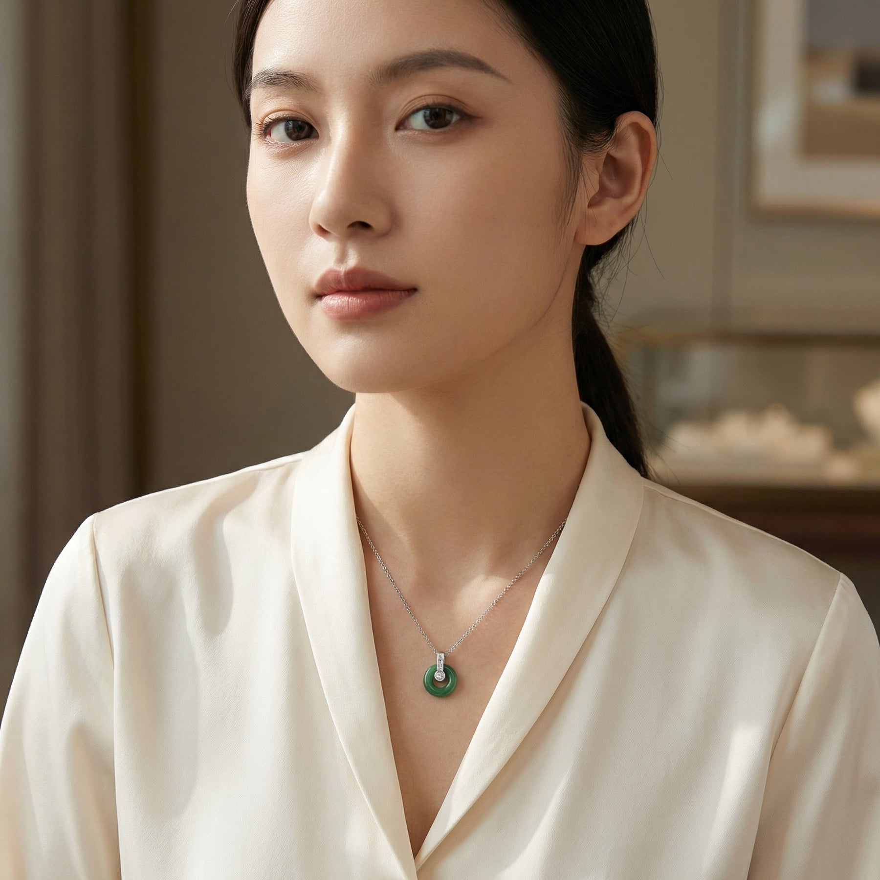 Jade Circle Sparkling stone Necklace – jade necklace, close-up