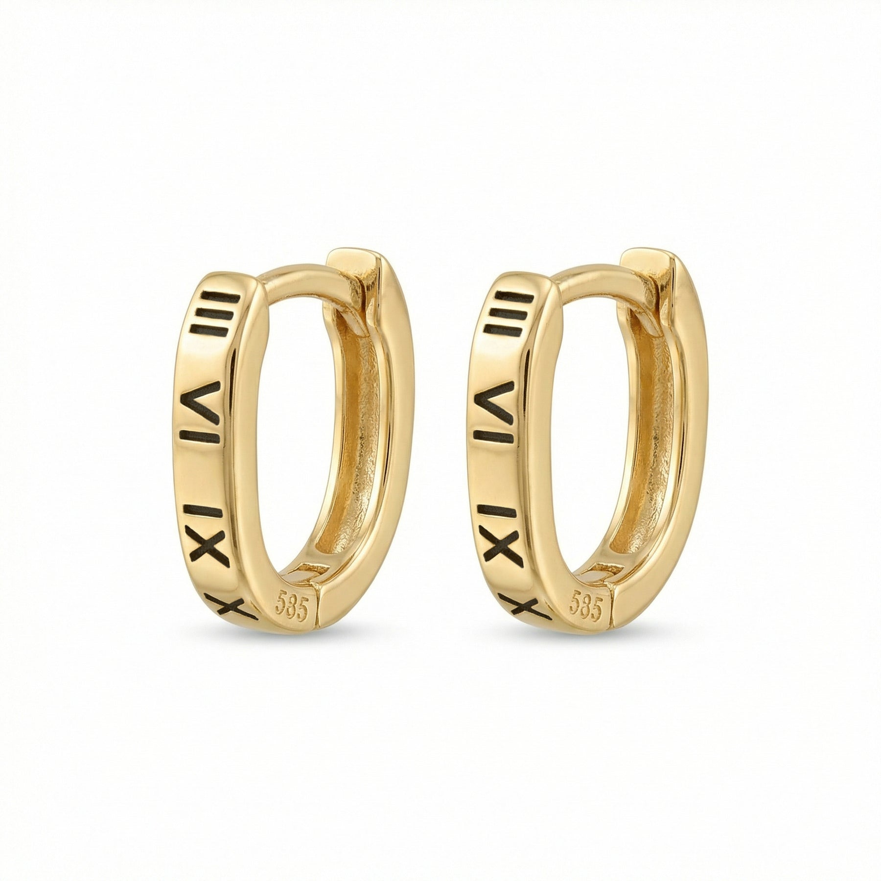 Roman Numeral Oval Huggie Hoops – sterling silver earrings, close-up
