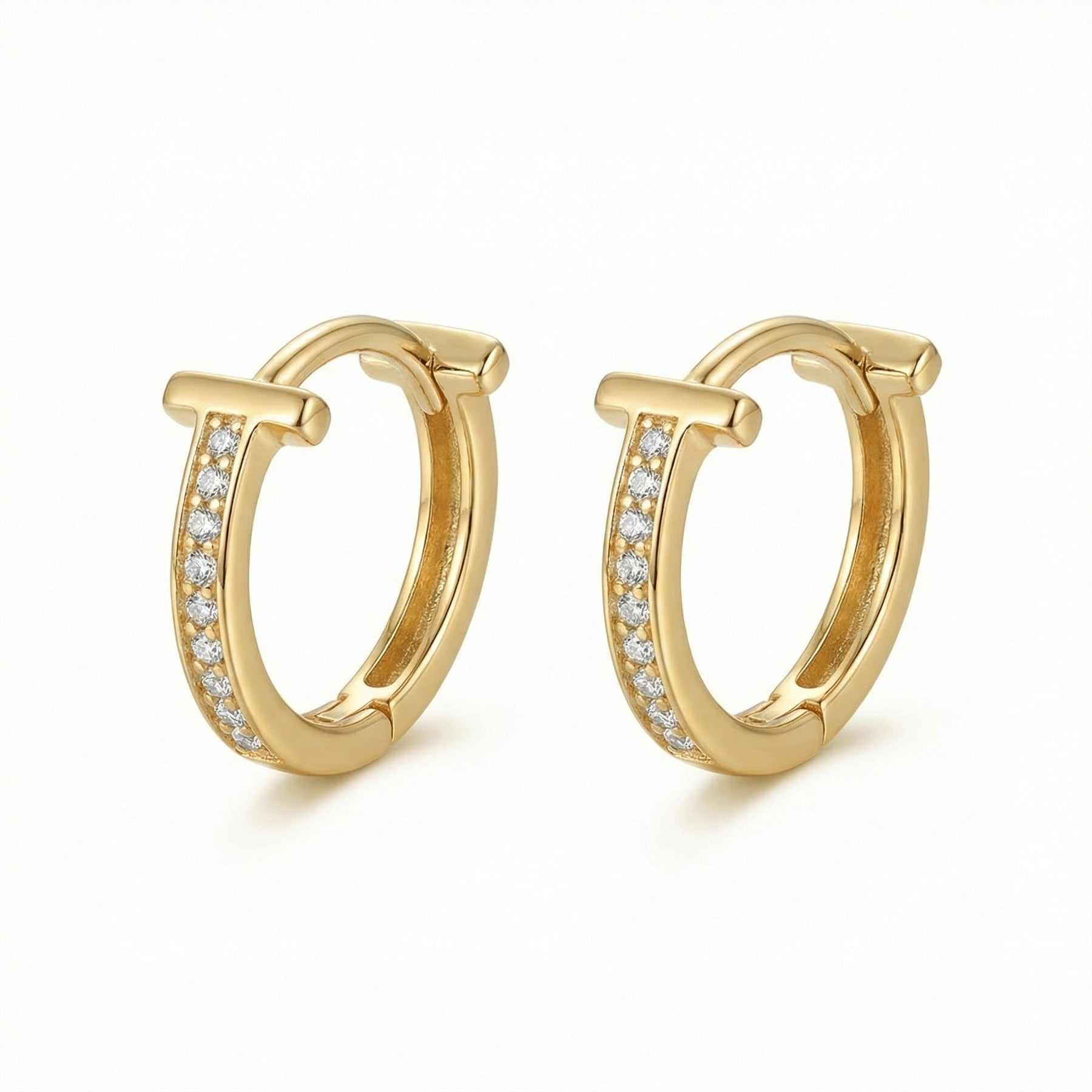 T-Shaped Pavé Huggie Hoop Earrings – sterling silver earrings, side detail