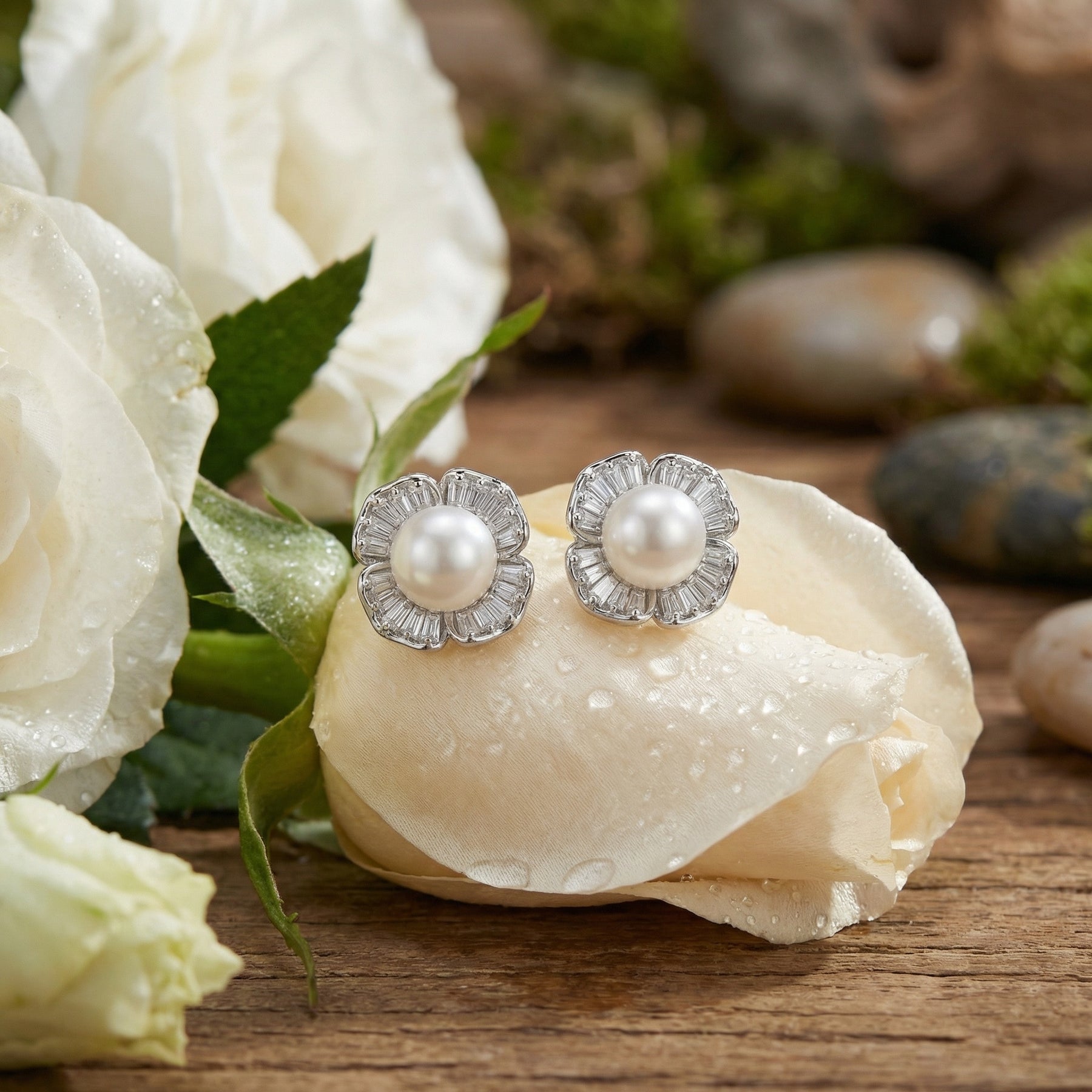 Floral Pearl Stud Earrings – pearl earrings, close-up